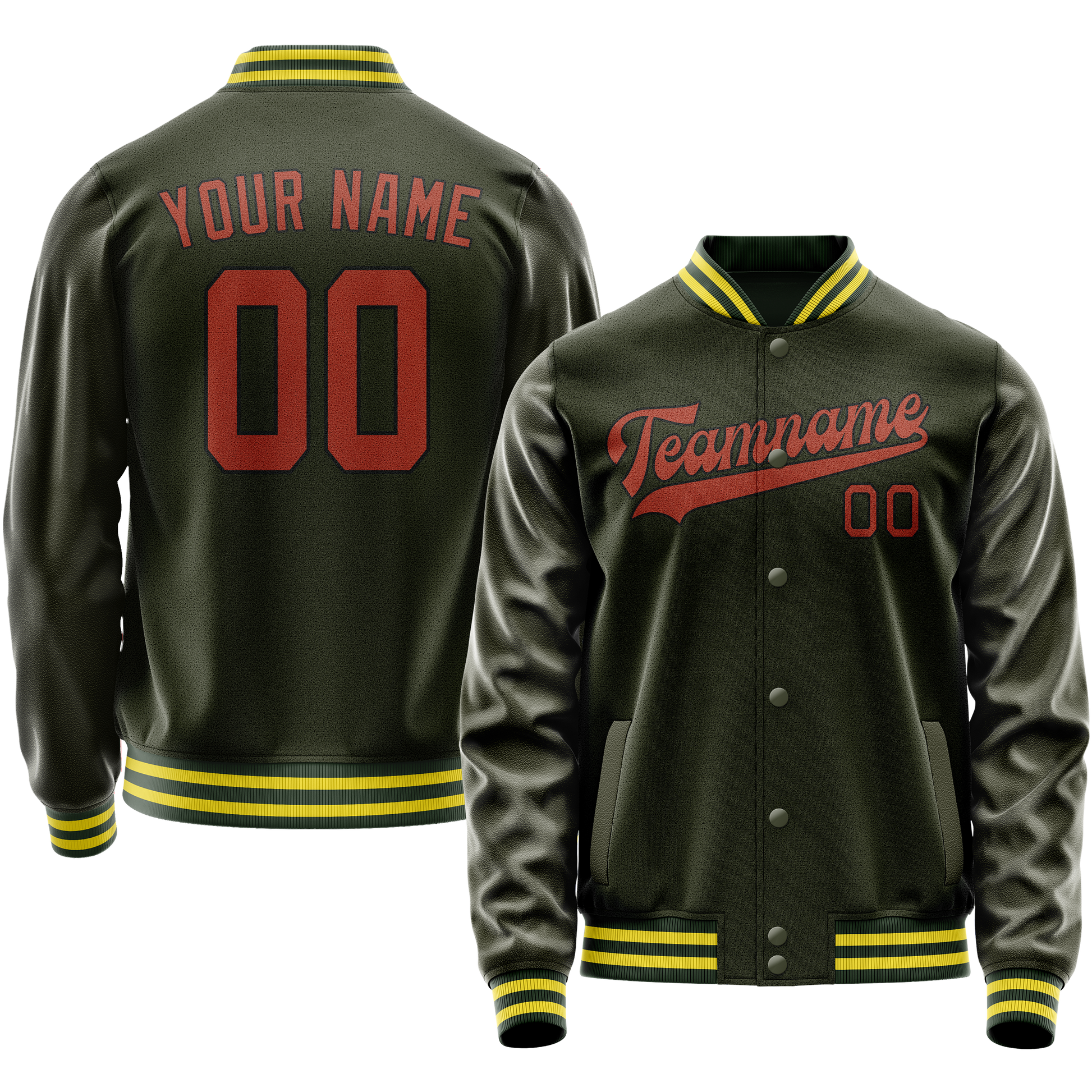 Custom Olive Orange Solid Color Varsity Letterman Jacket JA02240617LH316