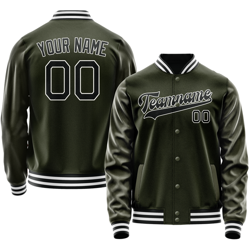 Custom Olive Black Solid Color Varsity Letterman Jacket JA02240617LH321