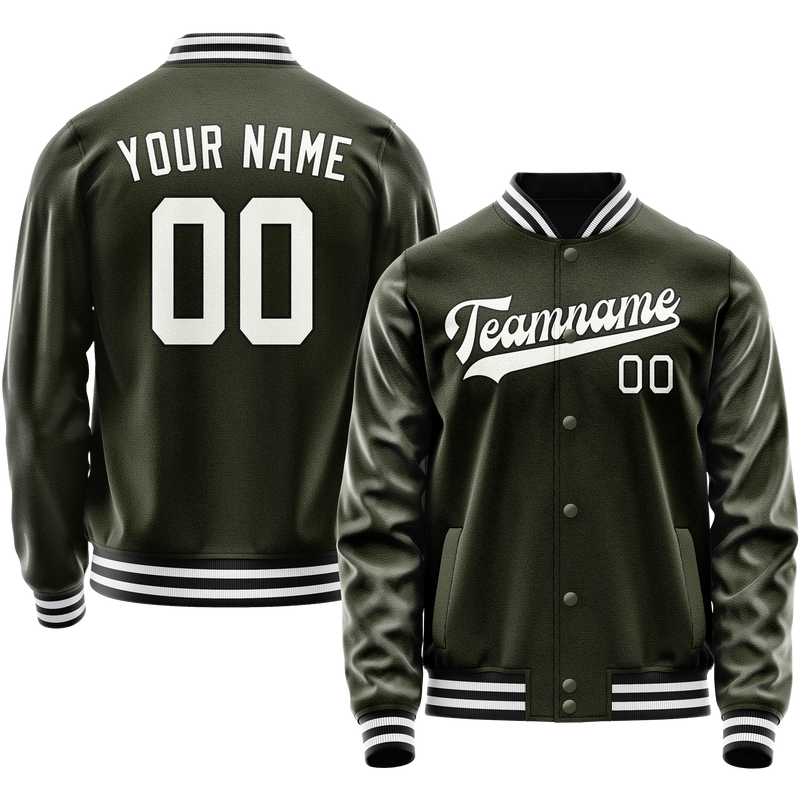 Custom Olive White Solid Color Varsity Letterman Jacket JA02240617LH314