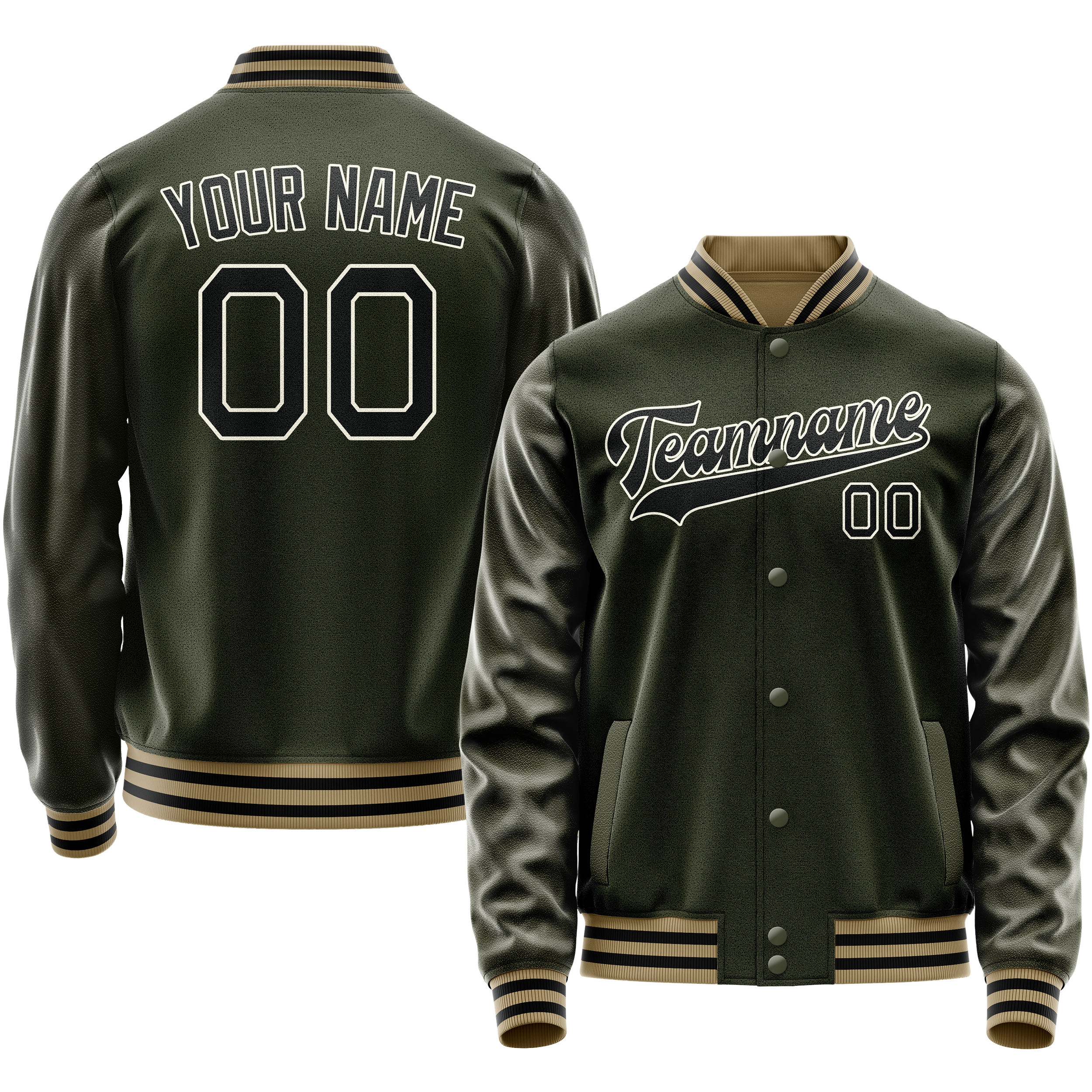 Custom Olive Black Solid Color Varsity Letterman Jacket JA02240617LH306