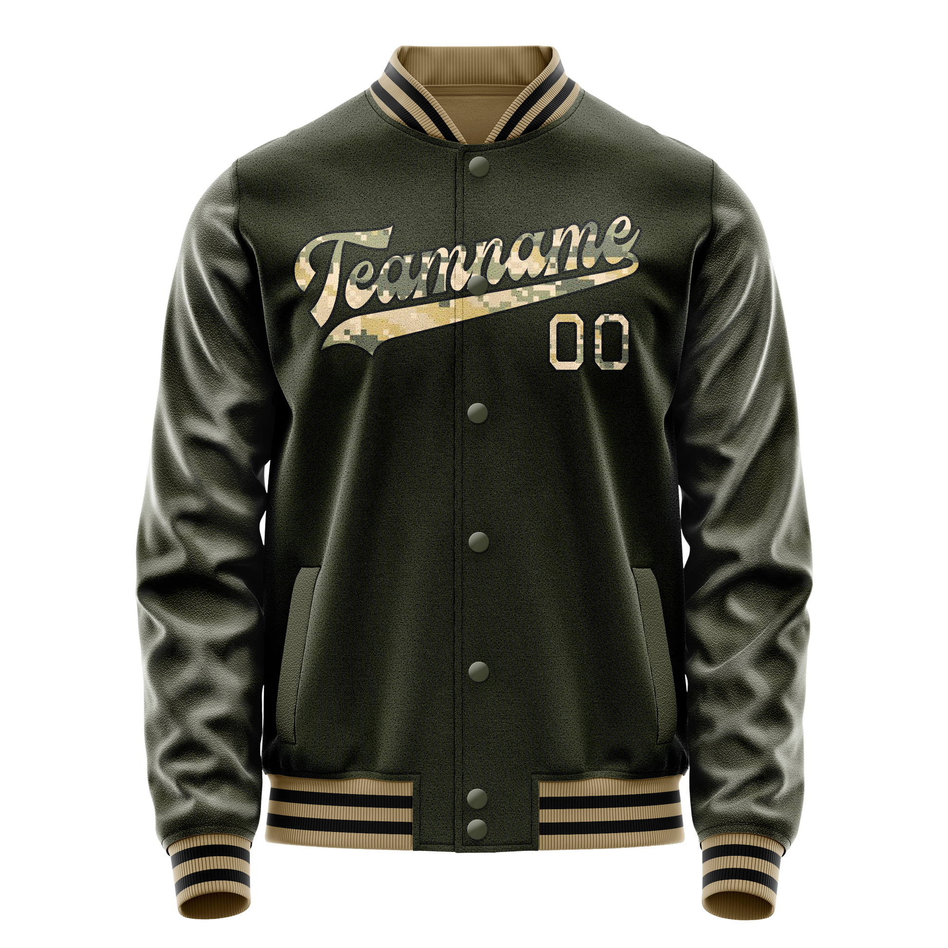 Custom Olive Camo Solid Color Varsity Letterman Jacket JA02240617LH309
