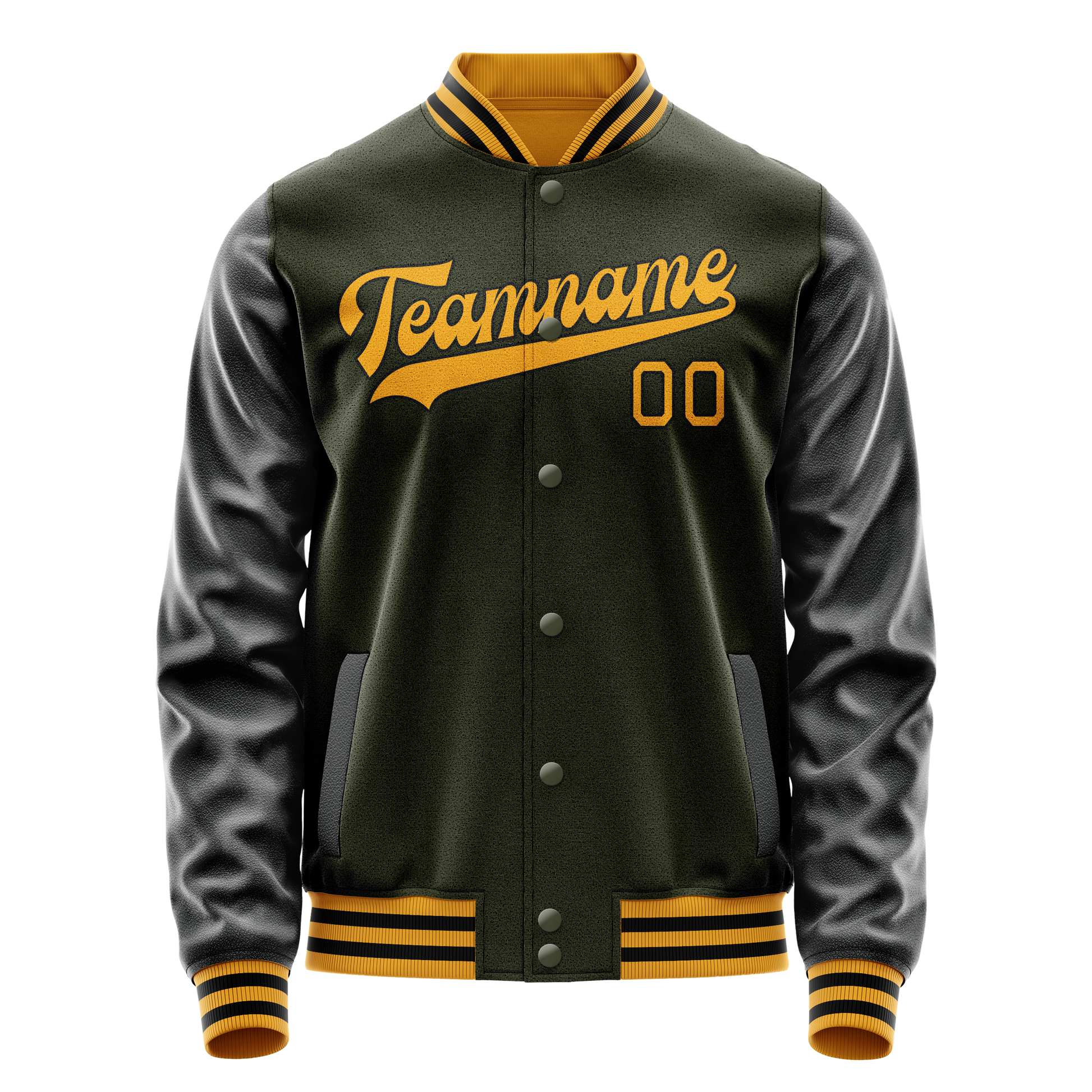 Custom Olive Black Solid Color Varsity Letterman Jacket JA02240617LH310