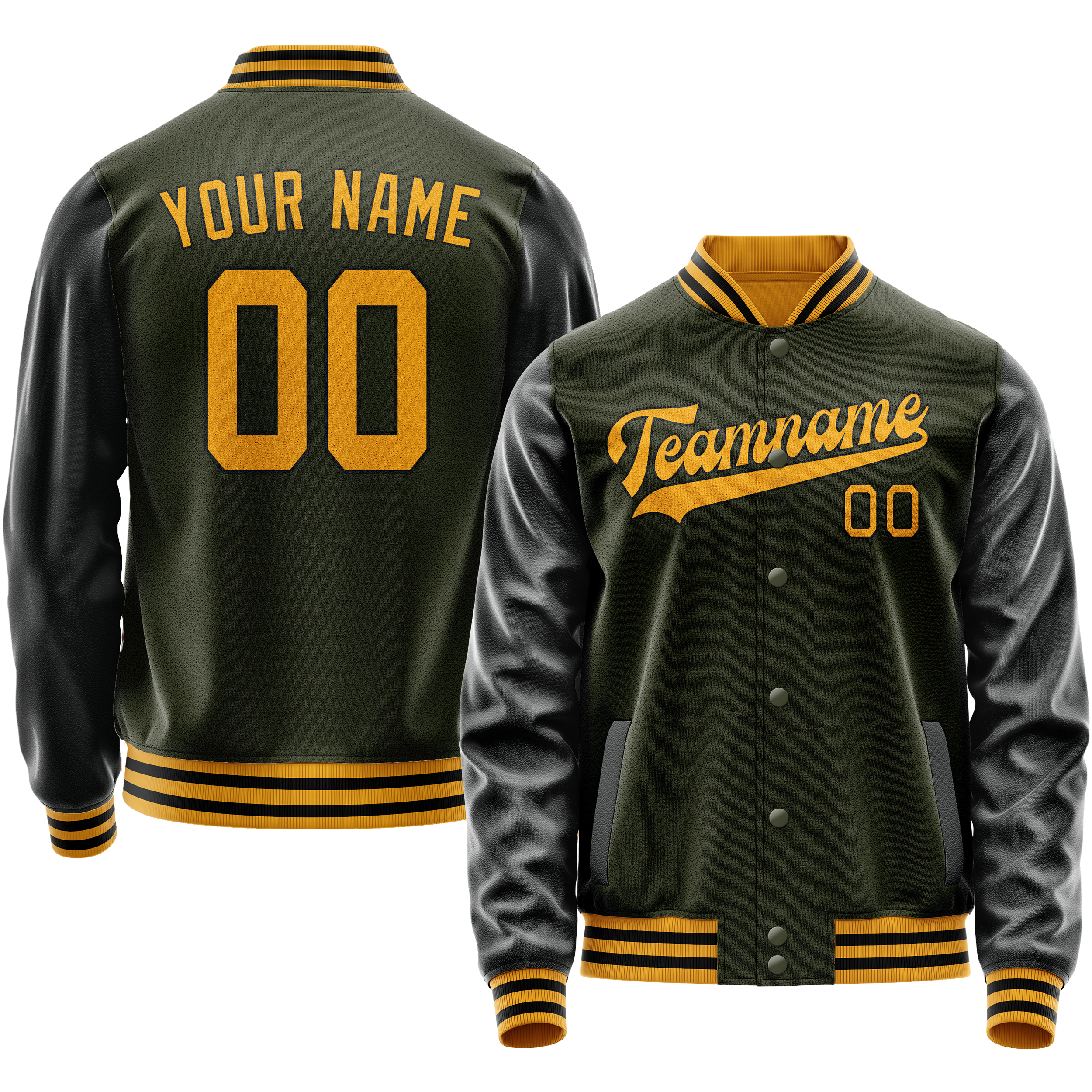 Custom Olive Black Solid Color Varsity Letterman Jacket JA02240617LH310