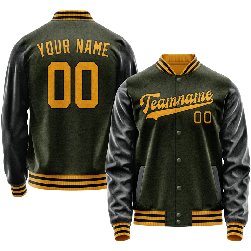 Custom Olive Black Solid Color Varsity Letterman Jacket JA02240617LH310
