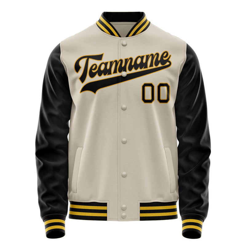 Custom Cream Black Solid Color Varsity Letterman Jacket JA02240617JC091