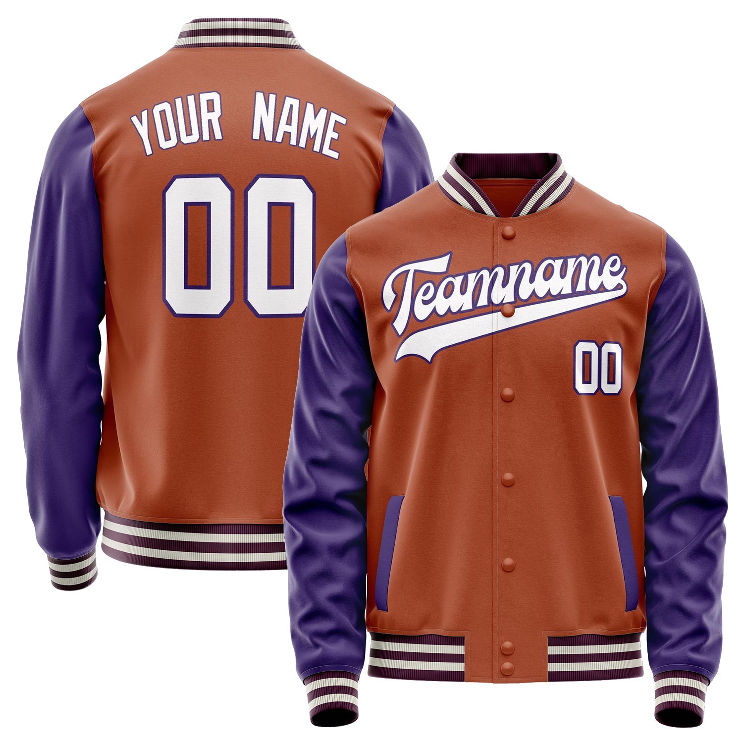 Custom Texas-Orange Purple Solid Color Varsity Letterman Jacket JA02240617JG422