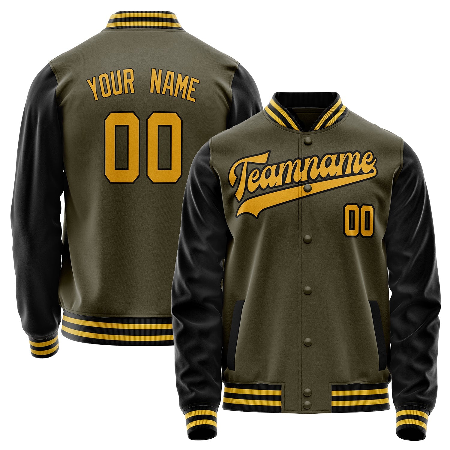 Custom Olive Black Solid Color Varsity Letterman Jacket JA02240617LH310