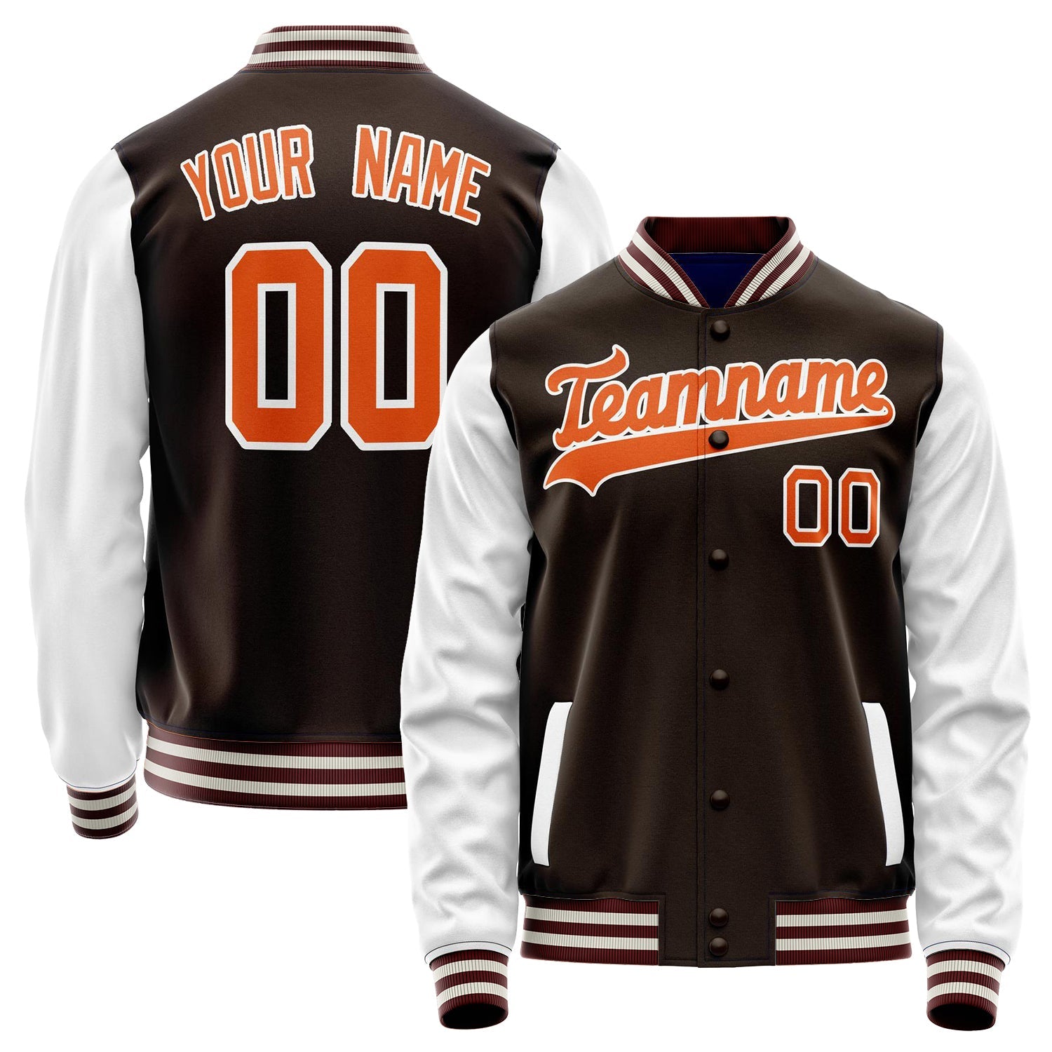 Custom Brown White Solid Color Varsity Letterman Jacket JA02240617XF069