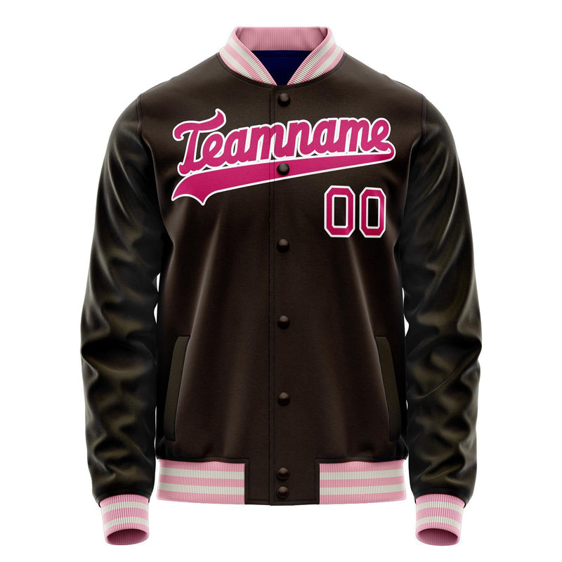 Custom Brown Pink Solid Color Varsity Letterman Jacket JA02240617XF072