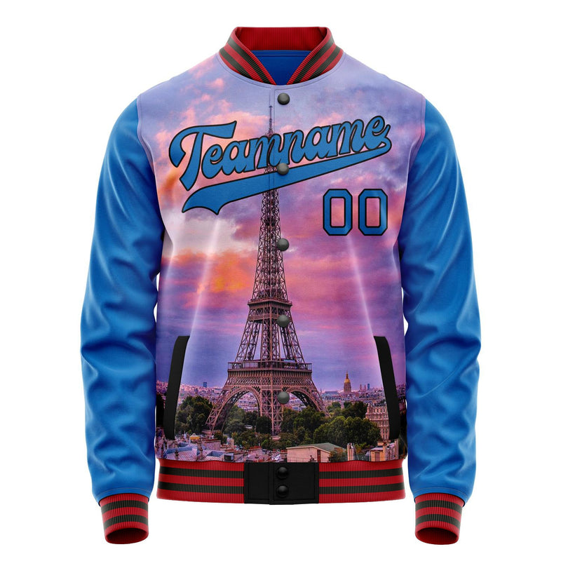 Custom Electric-Blue Black Eiffel Tower 3D Varsity Letterman Jacket JA02240617YH143