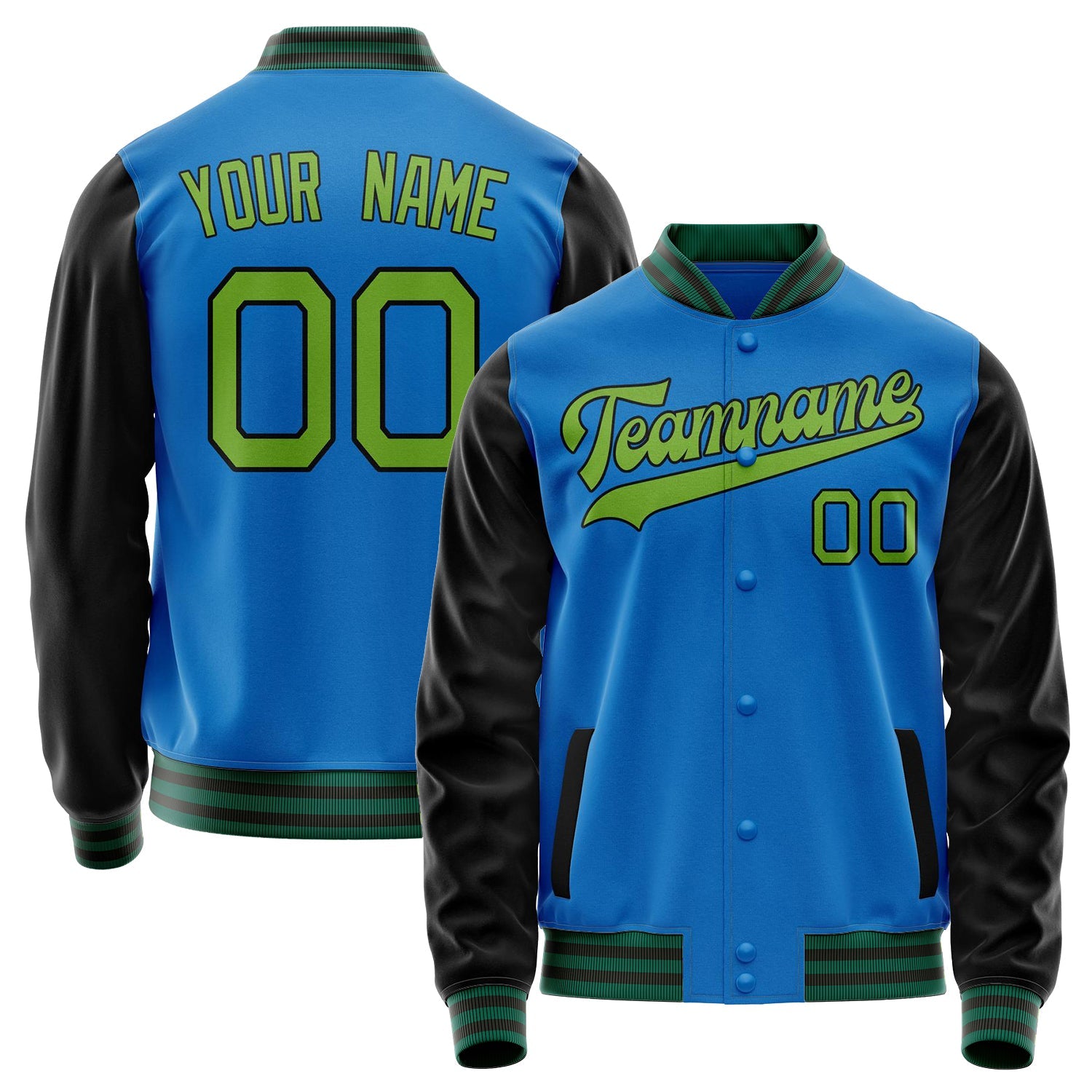 Custom Electric-Blue Neon-Green Solid Color Varsity Letterman Jacket JA02240617YH145