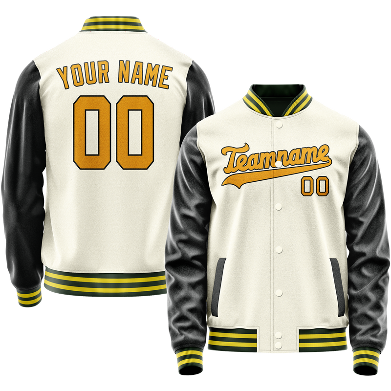 Custom Cream Black Solid Color Varsity Letterman Jacket JA02240617JC106