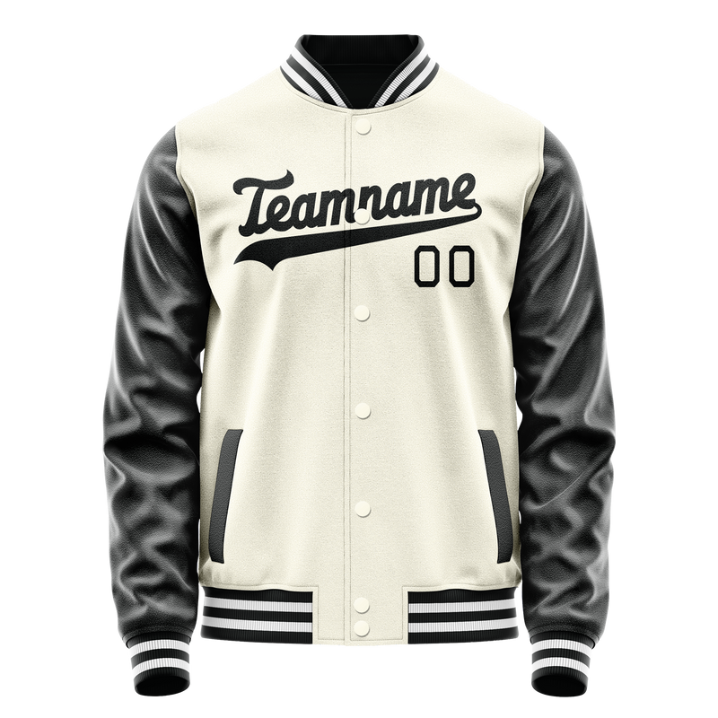 Custom Cream Black Solid Color Varsity Letterman Jacket JA02240617JC109