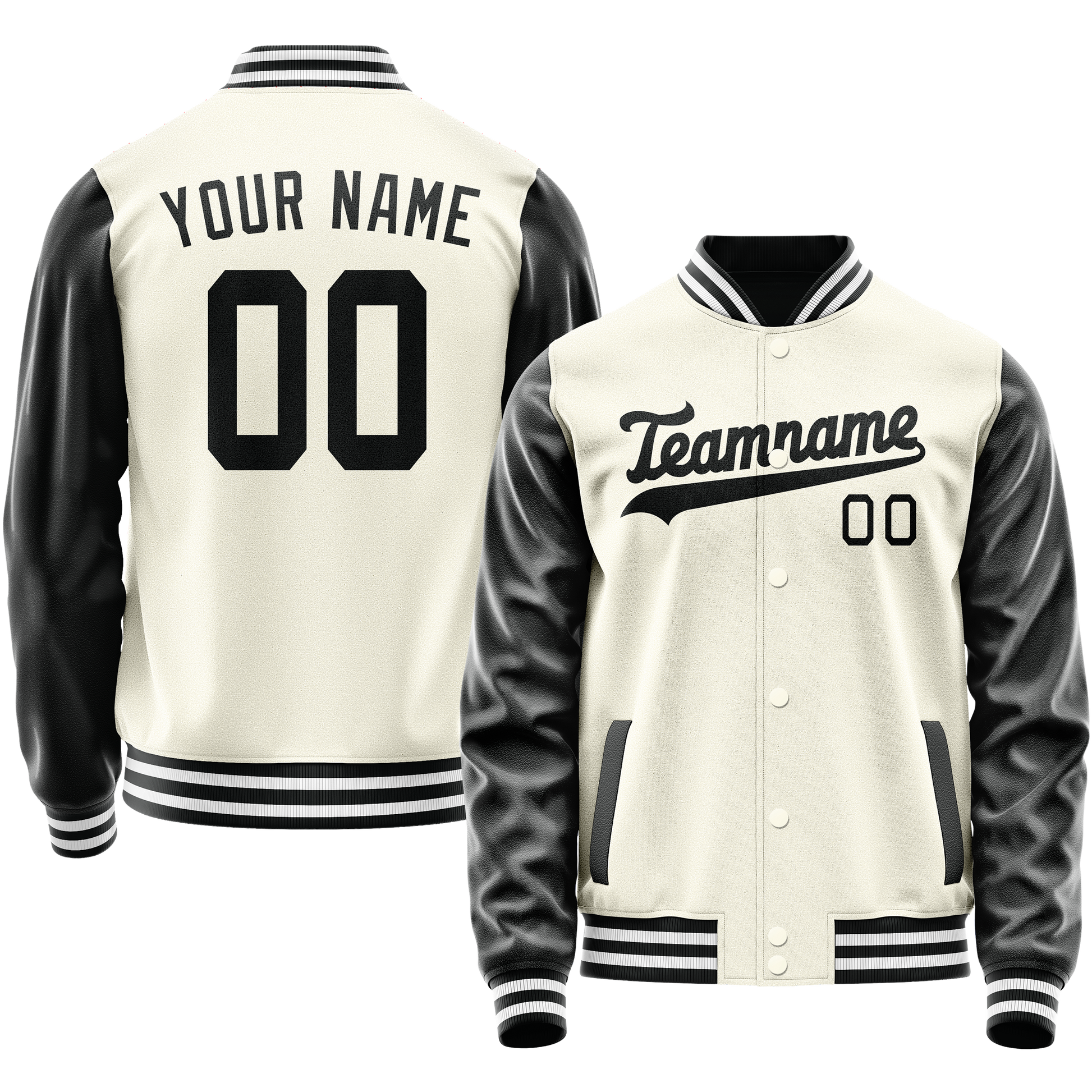 Custom Cream Black Solid Color Varsity Letterman Jacket JA02240617JC109