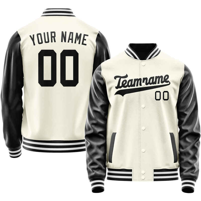 Custom Cream Black Solid Color Varsity Letterman Jacket JA02240617JC109