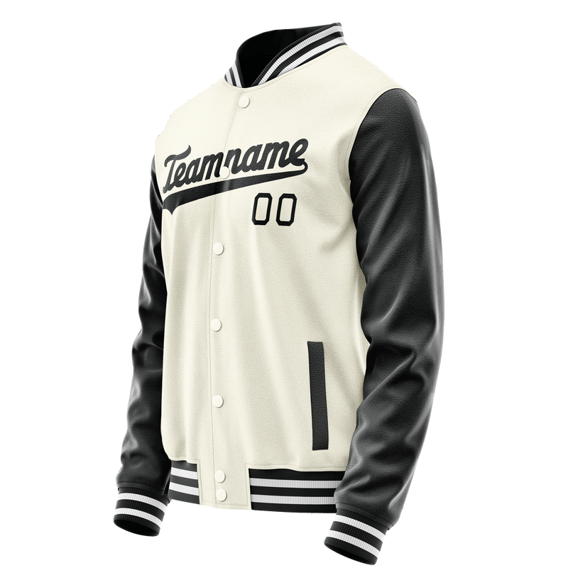Custom Cream Black Solid Color Varsity Letterman Jacket JA02240617JC109