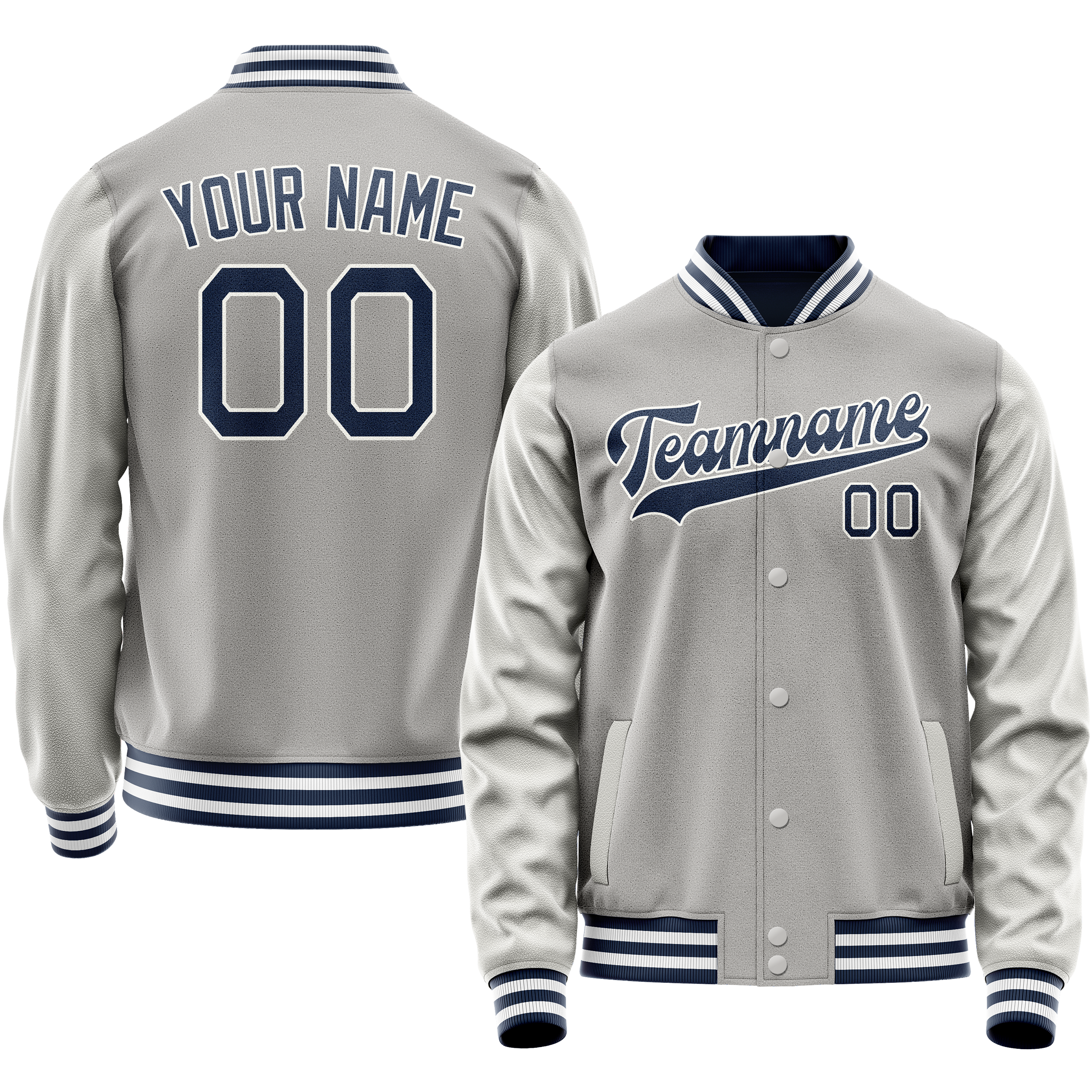 Custom Gray Navy Solid Color Varsity Letterman Jacket JA02240617YH153