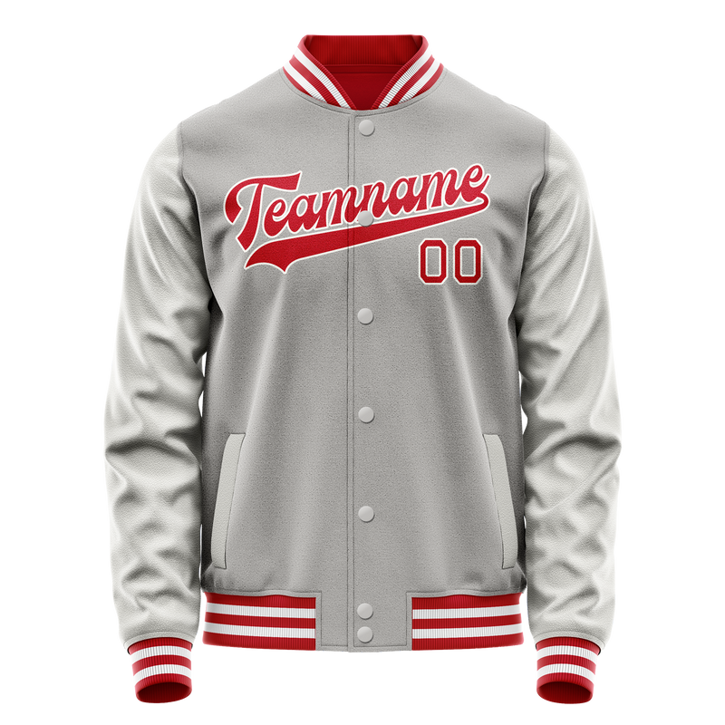 Custom Gray Red Solid Color Varsity Letterman Jacket JA02240617YH149