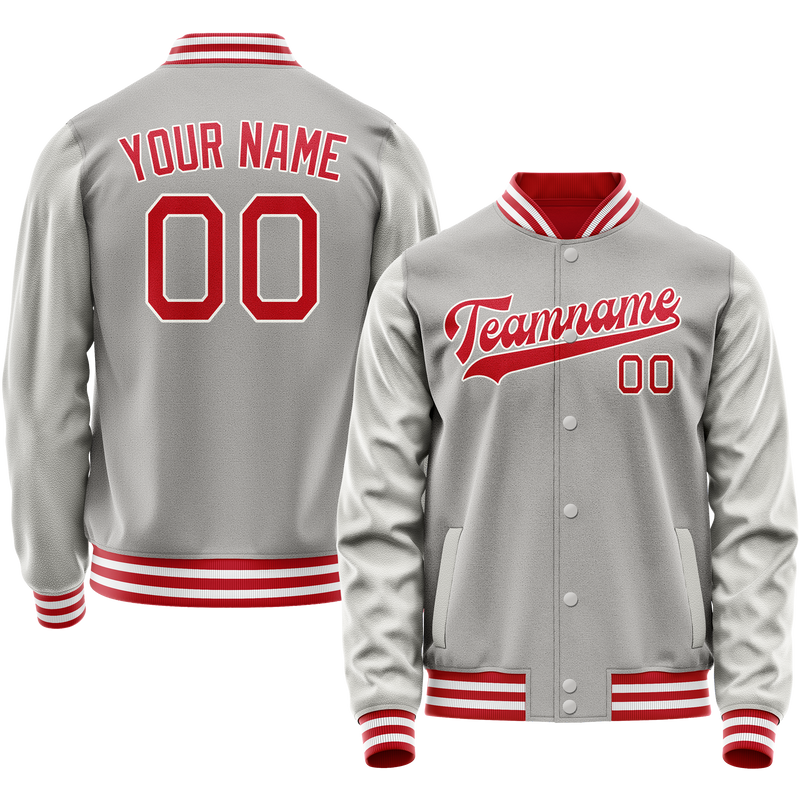 Custom Gray Red Solid Color Varsity Letterman Jacket JA02240617YH149