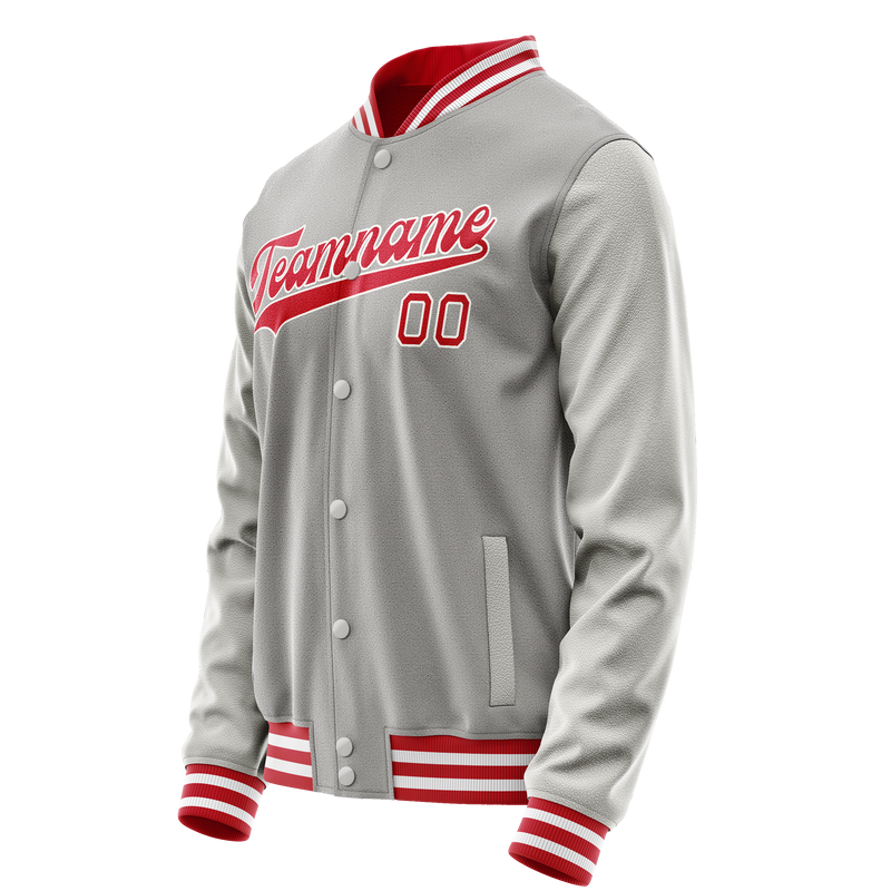 Custom Gray Red Solid Color Varsity Letterman Jacket JA02240617YH149