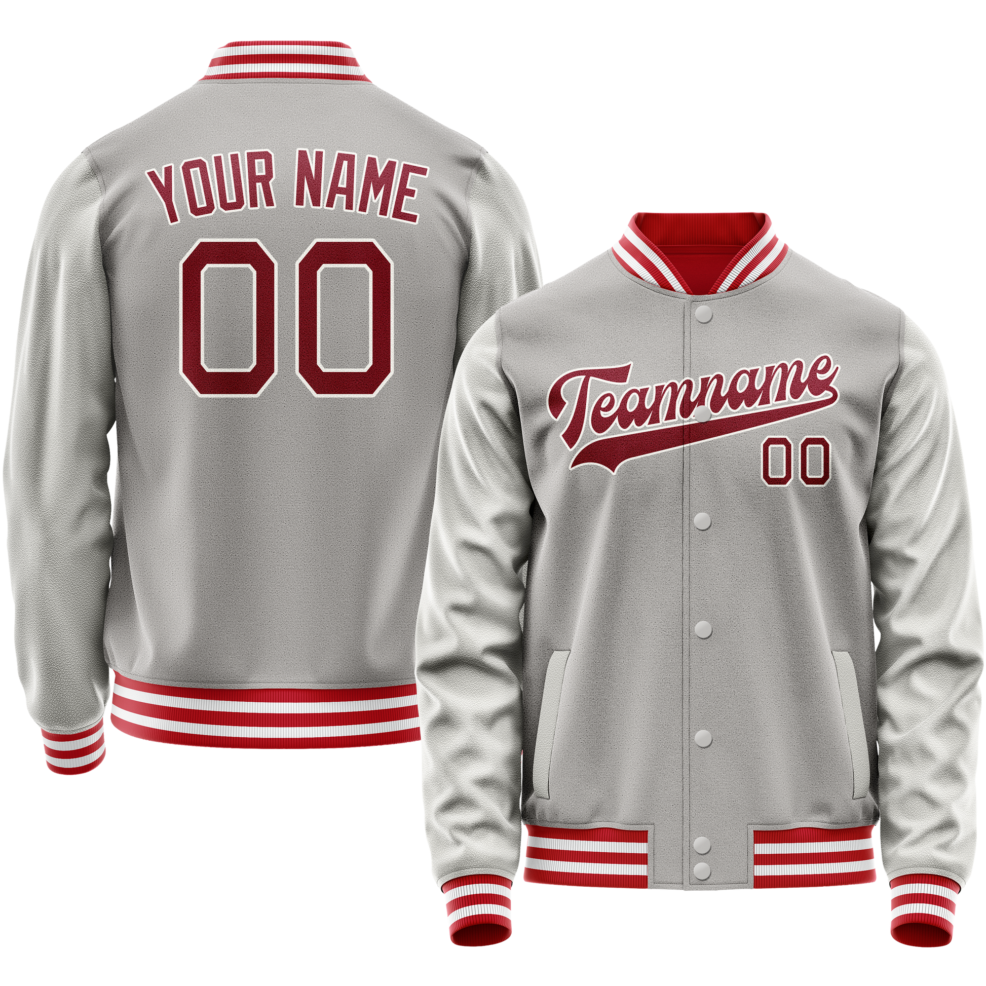 Custom Gray Red Solid Color Varsity Letterman Jacket JA02240617YH175