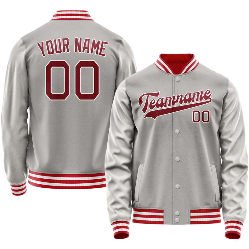 Custom Gray Red Solid Color Varsity Letterman Jacket JA02240617YH175