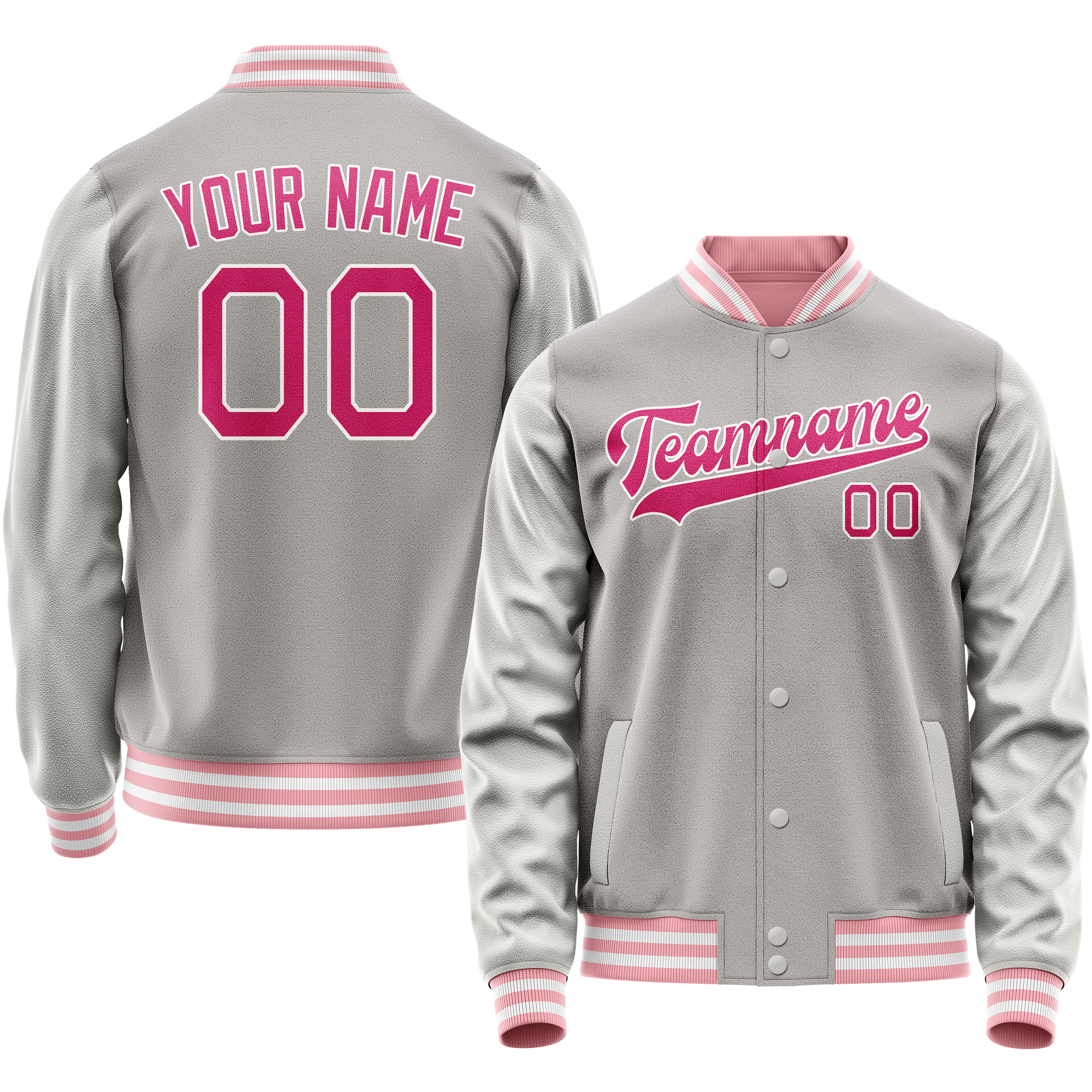 Custom Gray Pink Solid Color Varsity Letterman Jacket JA02240617YH177