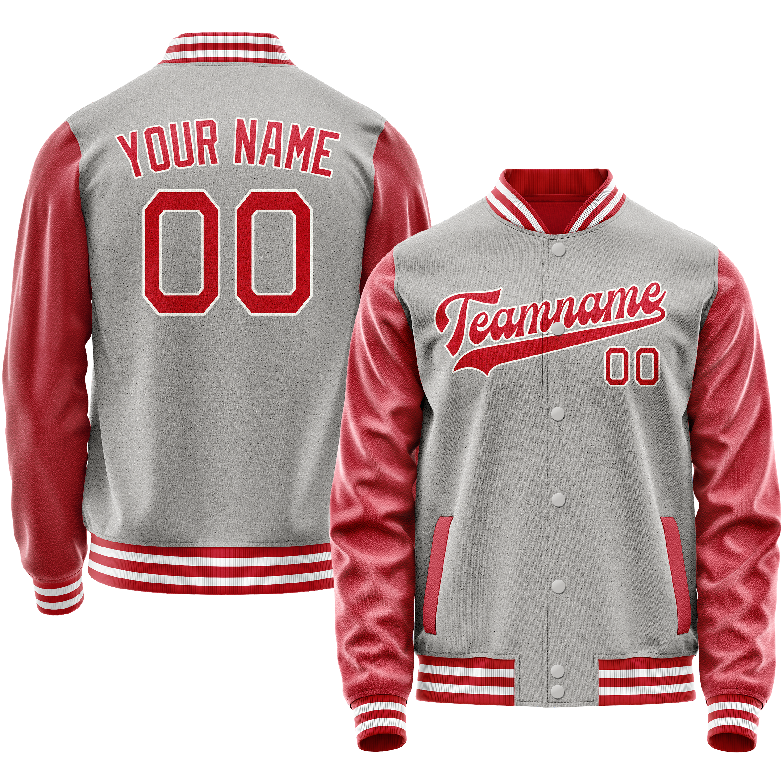 Custom Gray Red Solid Color Varsity Letterman Jacket JA02240617YH152