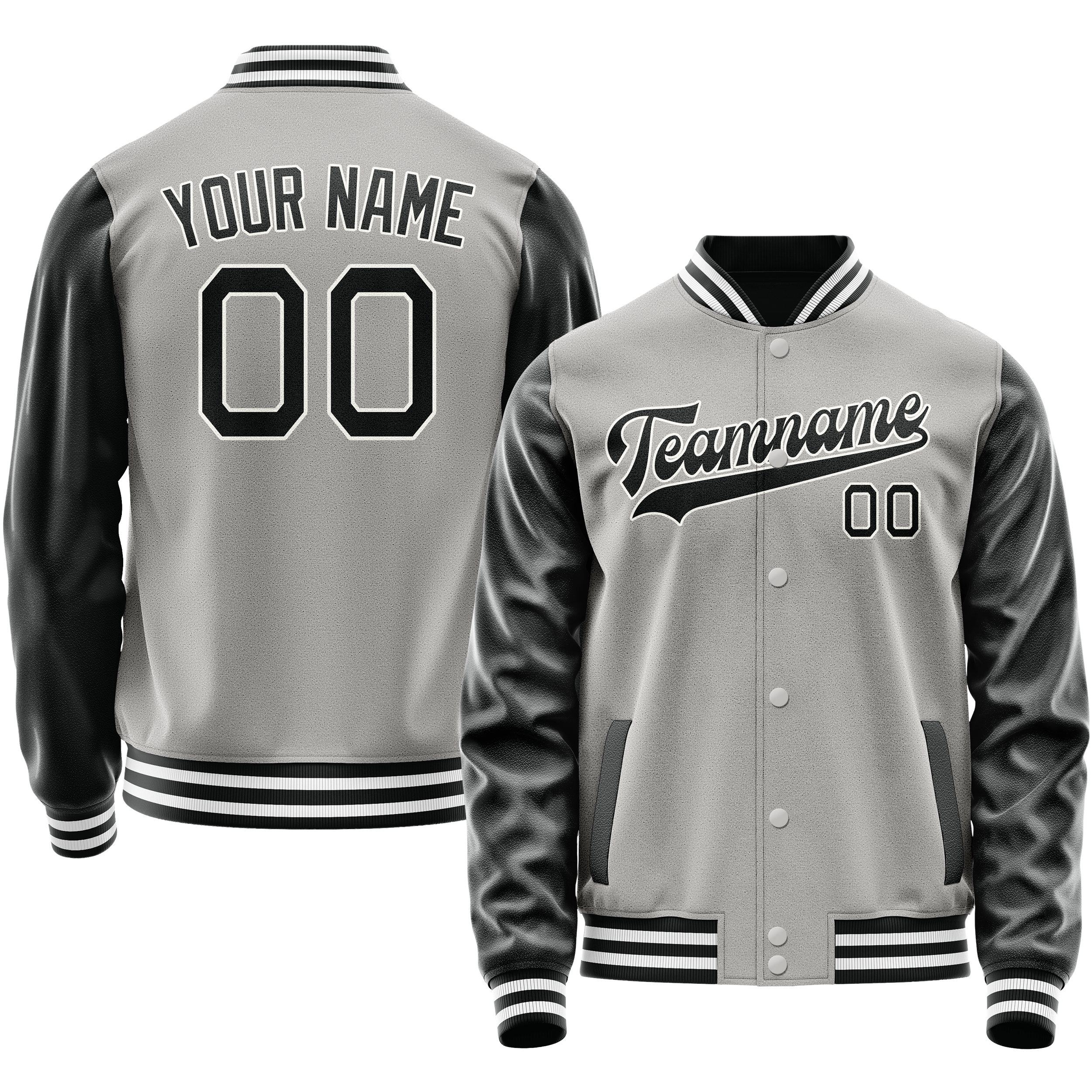 Custom Gray Black Solid Color Varsity Letterman Jacket