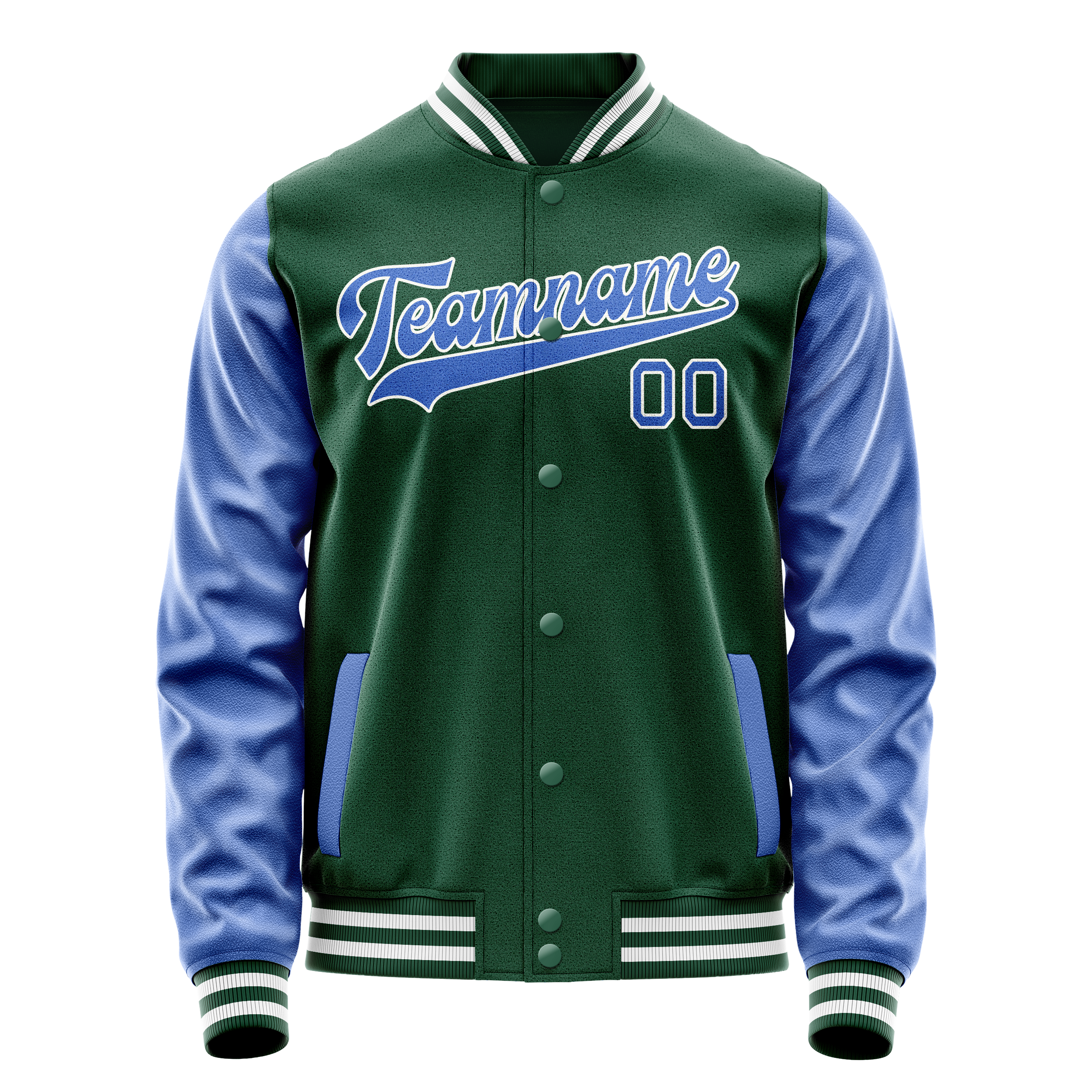 Custom Kelly-Green Light-Blue Solid Color Varsity Letterman Jacket JA02240617ZF220