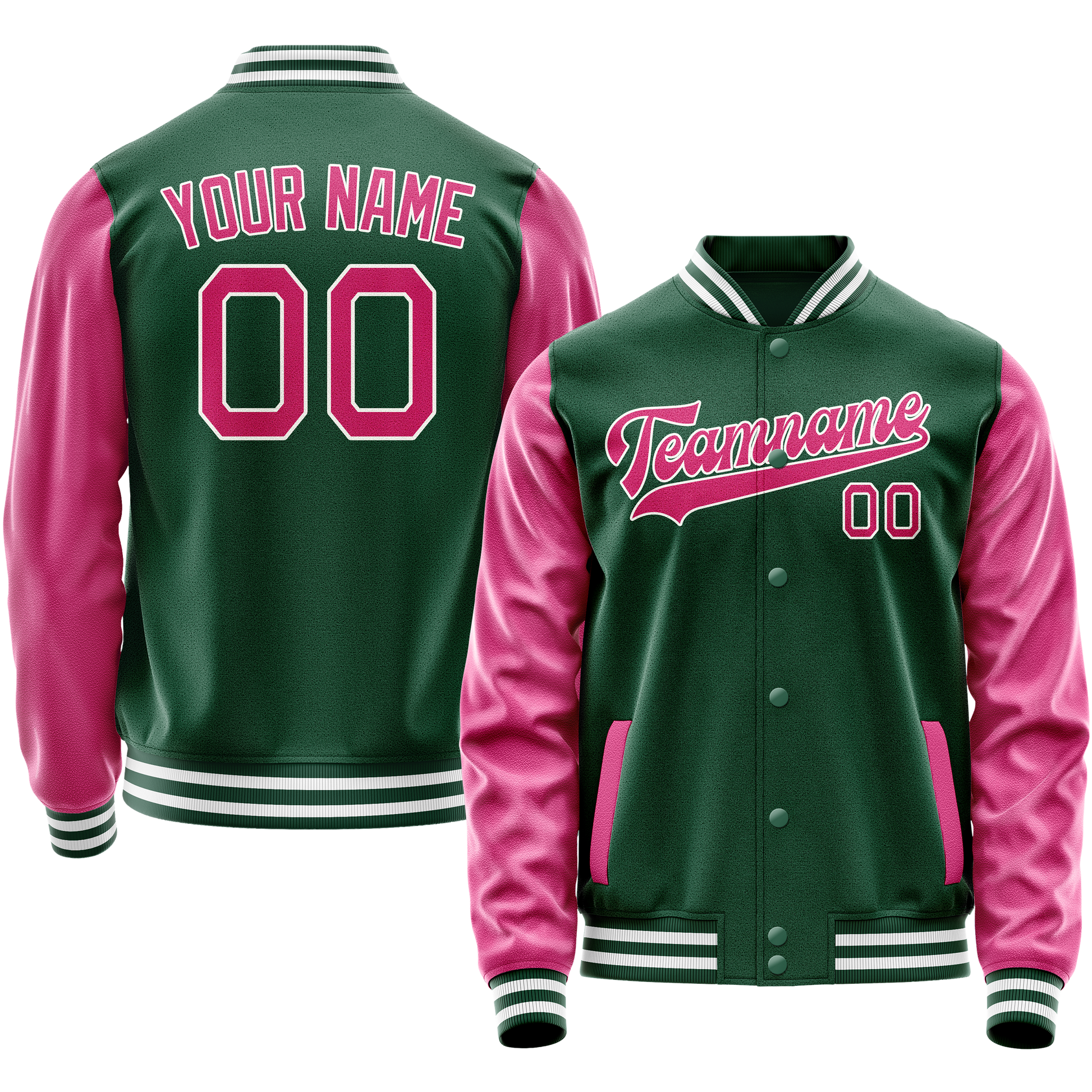 Custom Kelly-Green Pink Solid Color Varsity Letterman Jacket JA02240617ZF232