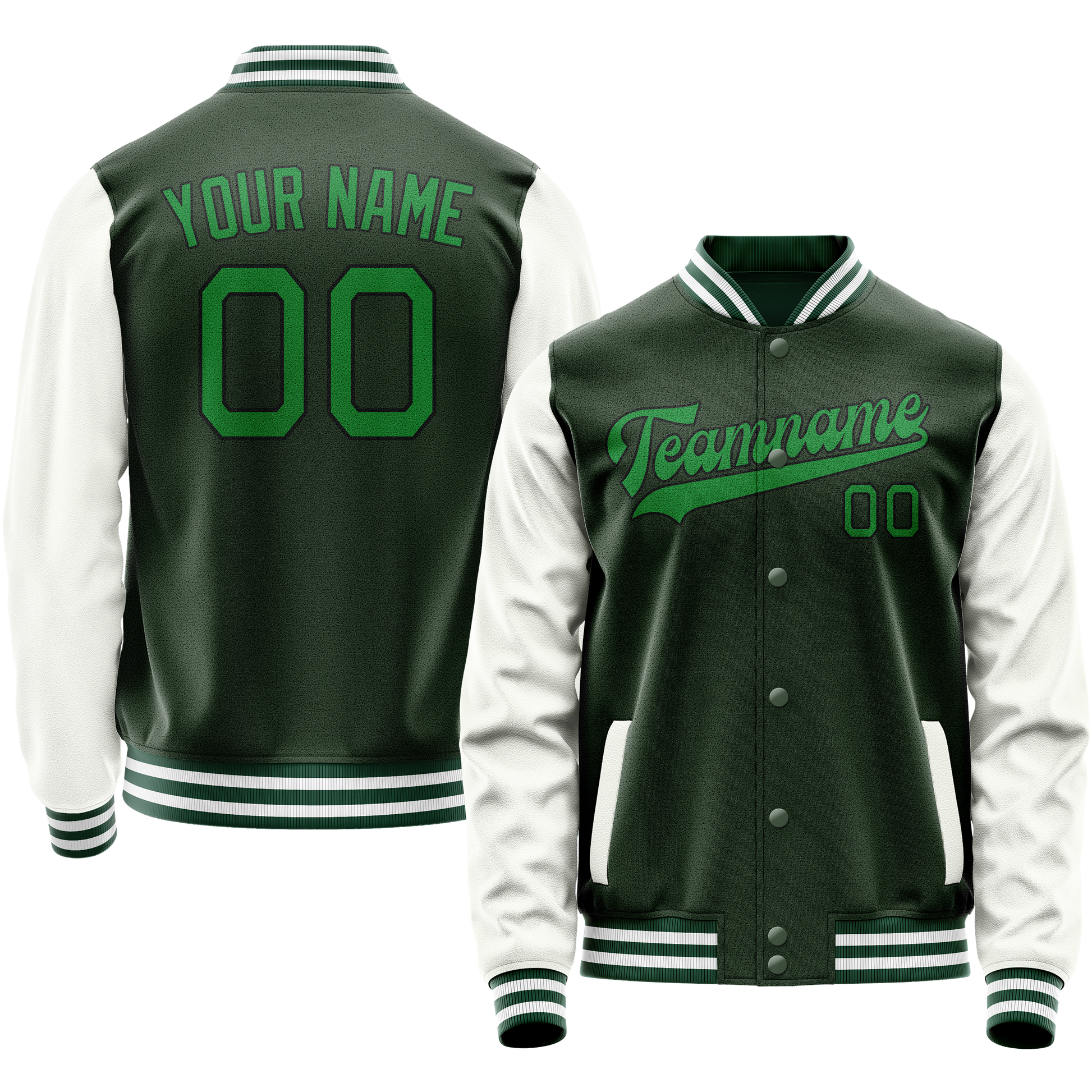 Custom Green White Solid Color Varsity Letterman Jacket JA02240617JG189