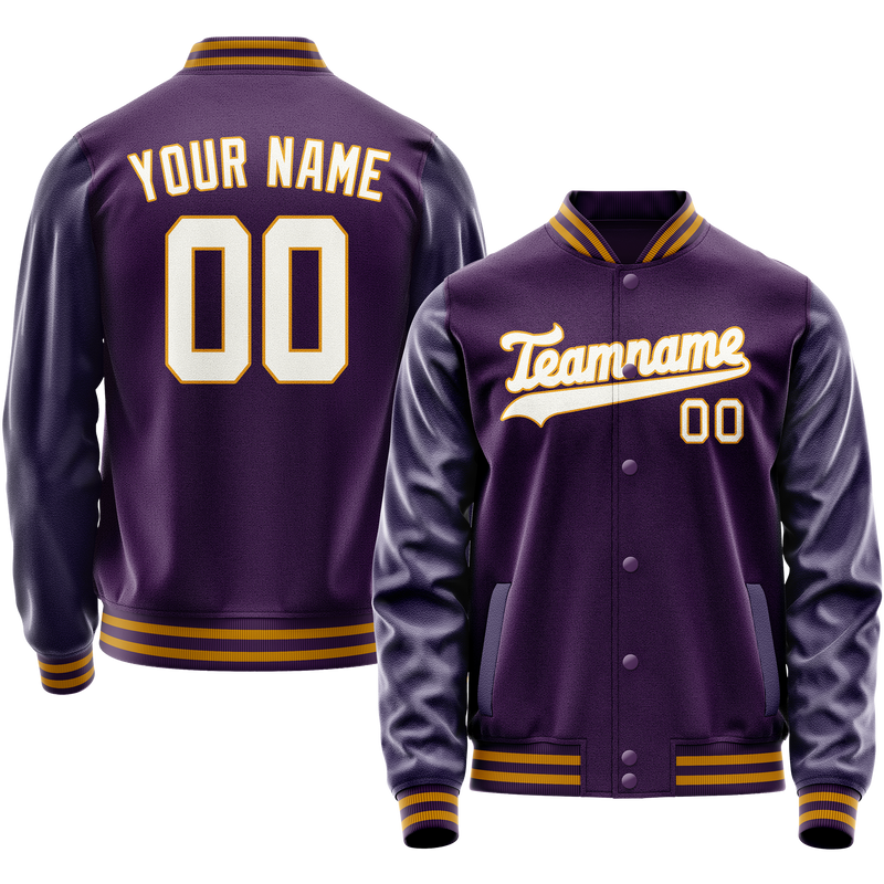 Custom Purple White Solid Color Varsity Letterman Jacket JA02240617KZ361