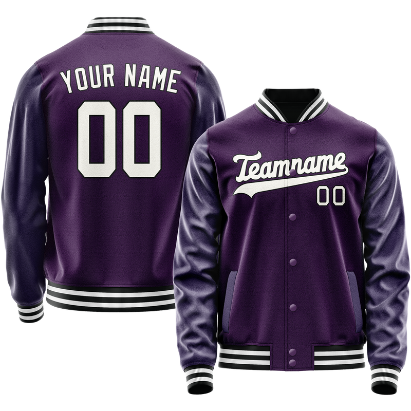 Custom Purple White Solid Color Varsity Letterman Jacket JA02240617KZ371