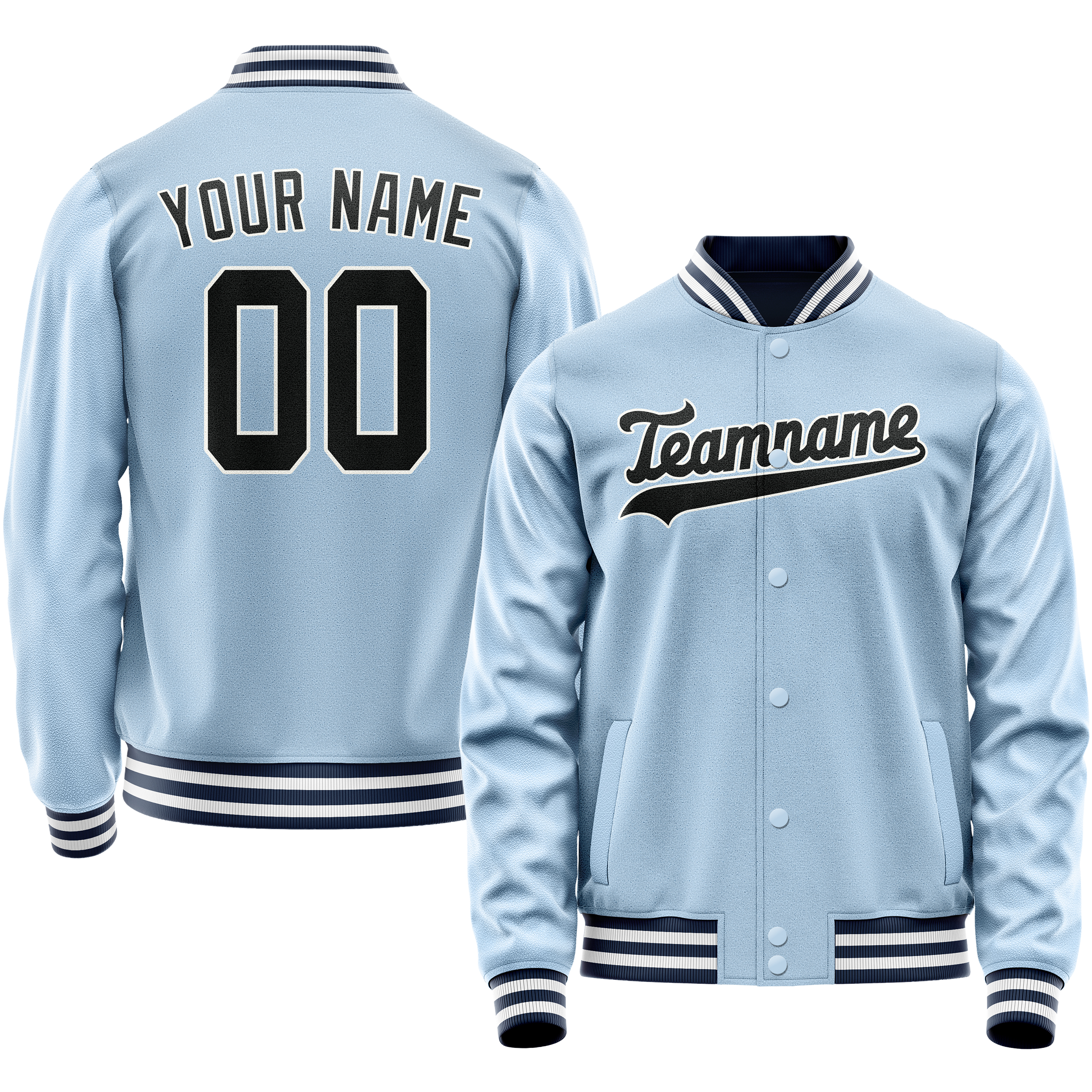 Custom Light-Blue Black Solid Color Varsity Letterman Jacket JA02240617JC242