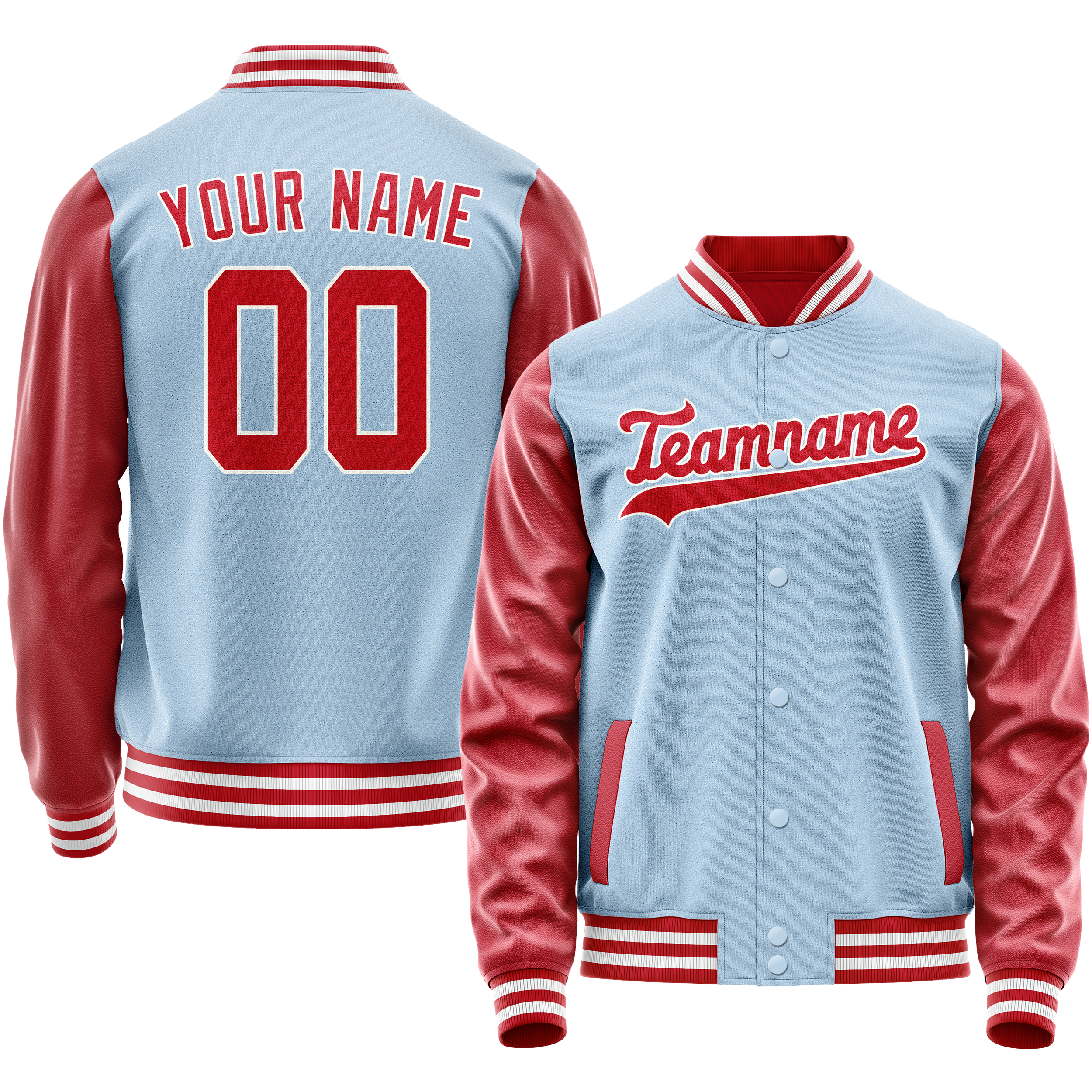 Custom Light-Blue Red Solid Color Varsity Letterman Jacket JA02240617JC247