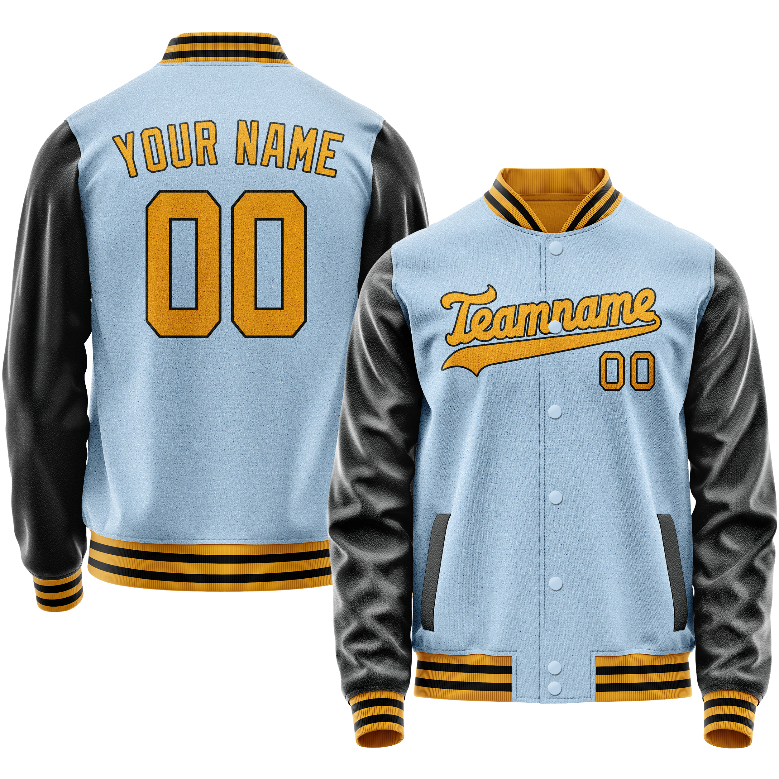 Custom Light-Blue Black Solid Color Varsity Letterman Jacket JA02240617JC243