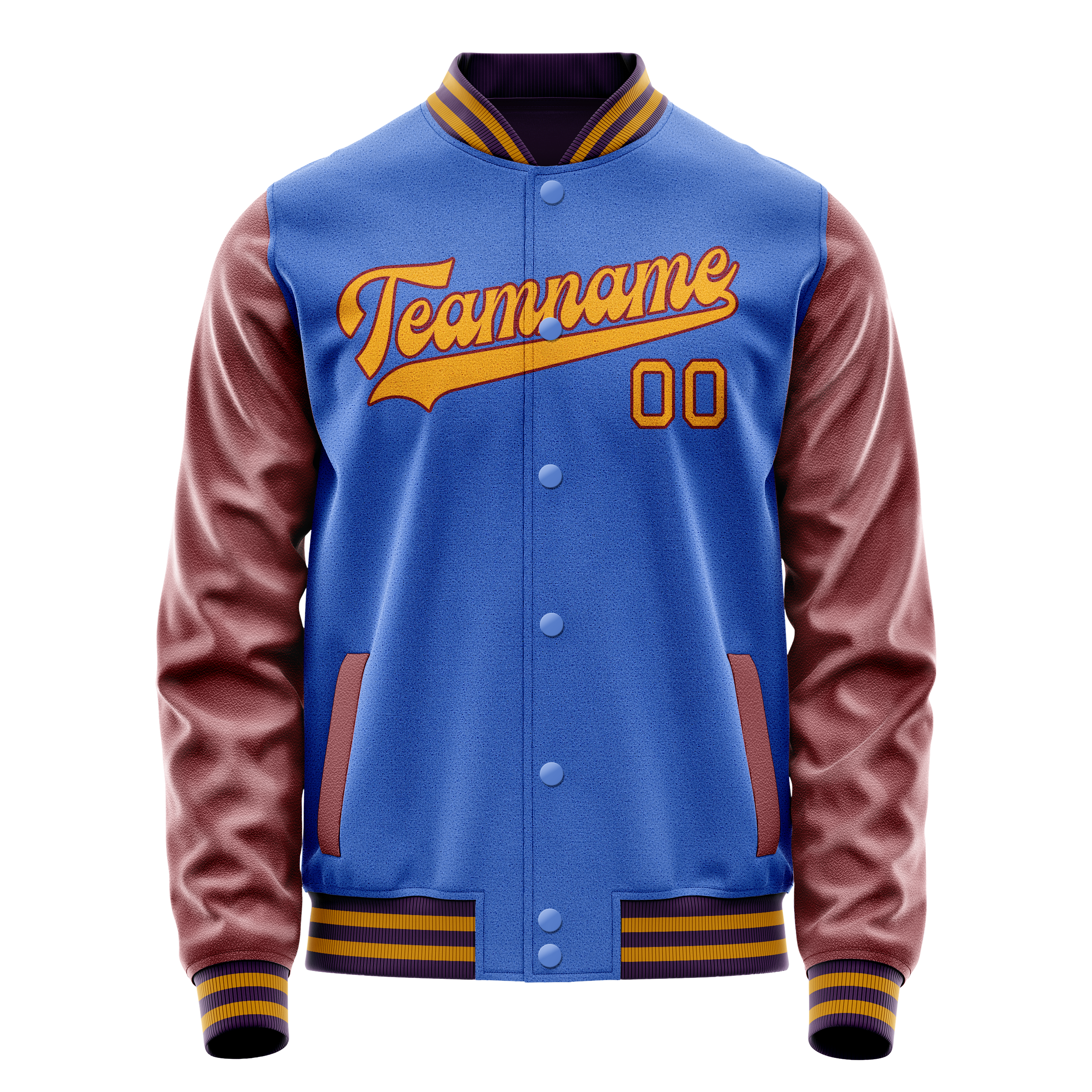 Custom Electric-Blue Brown Solid Color Varsity Letterman Jacket JA02240617YH122