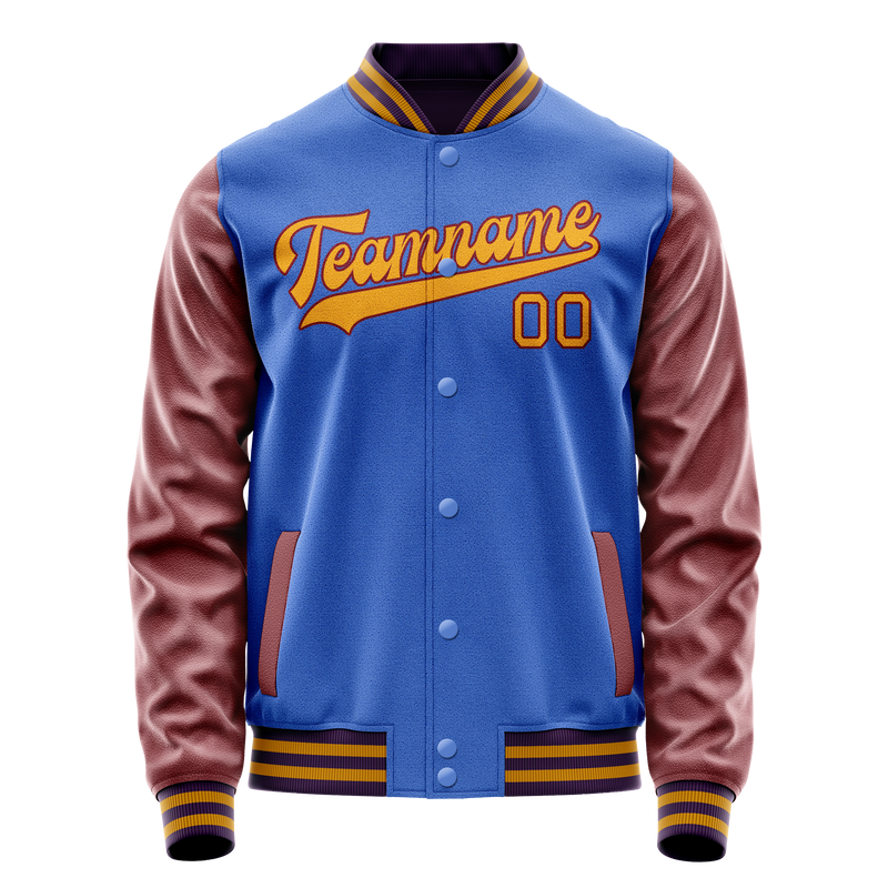 Custom Electric-Blue Brown Solid Color Varsity Letterman Jacket JA02240617YH122