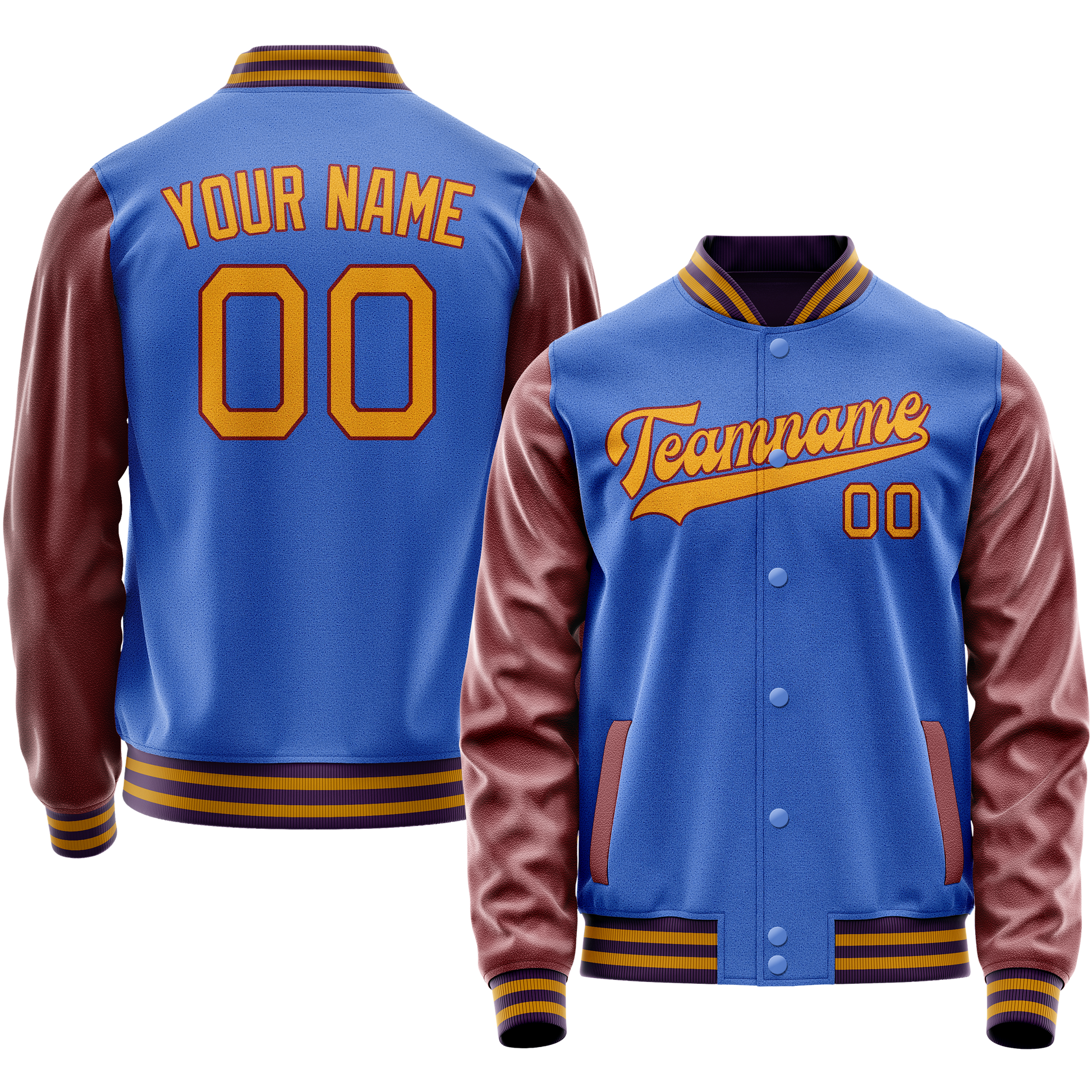 Custom Electric-Blue Brown Solid Color Varsity Letterman Jacket JA02240617YH122