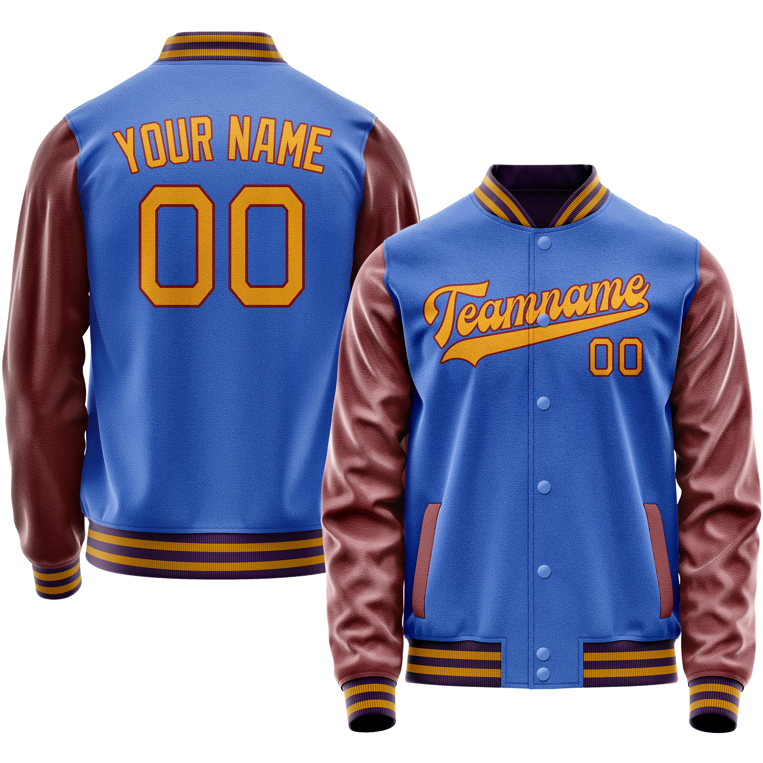 Custom Electric-Blue Brown Solid Color Varsity Letterman Jacket JA02240617YH122