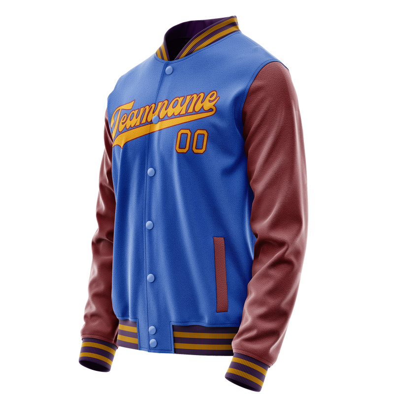 Custom Electric-Blue Brown Solid Color Varsity Letterman Jacket JA02240617YH122