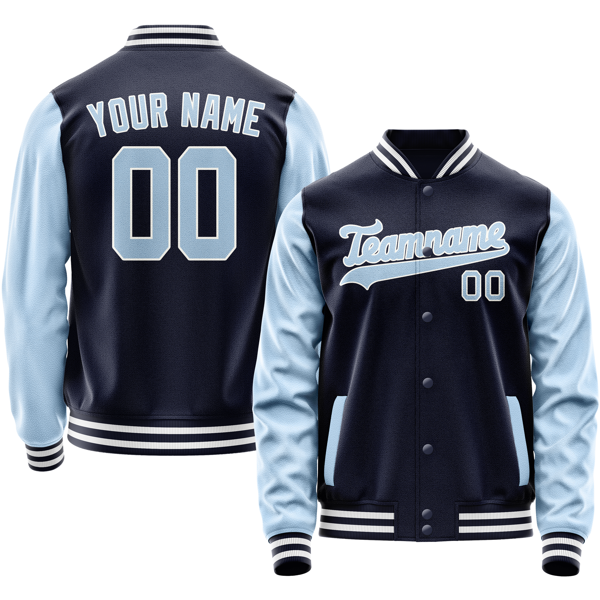 Custom Navy Light-Blue Solid Color Varsity Letterman Jacket JA02240617KZ294
