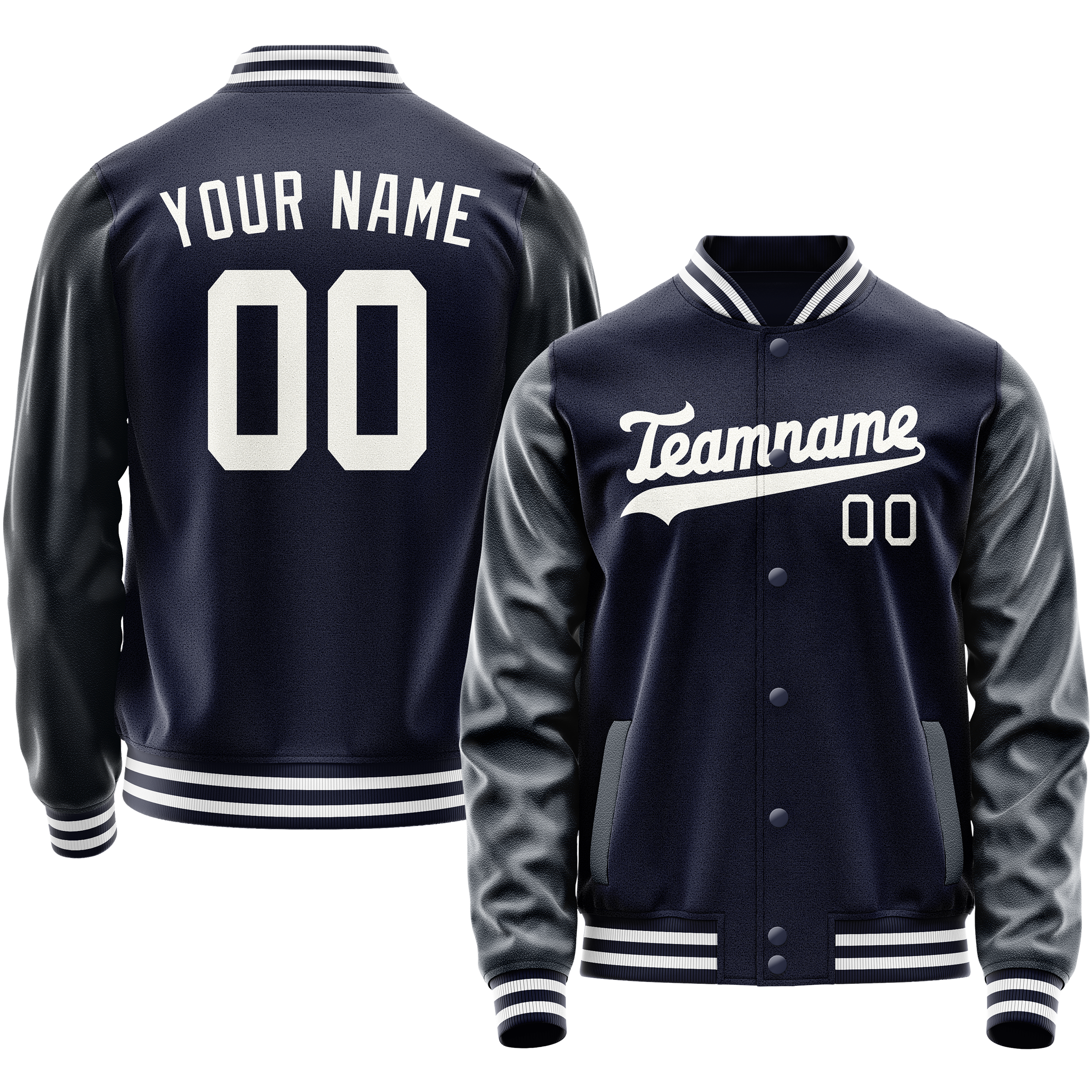 Custom Navy White Solid Color Varsity Letterman Jacket JA02240617KZ291