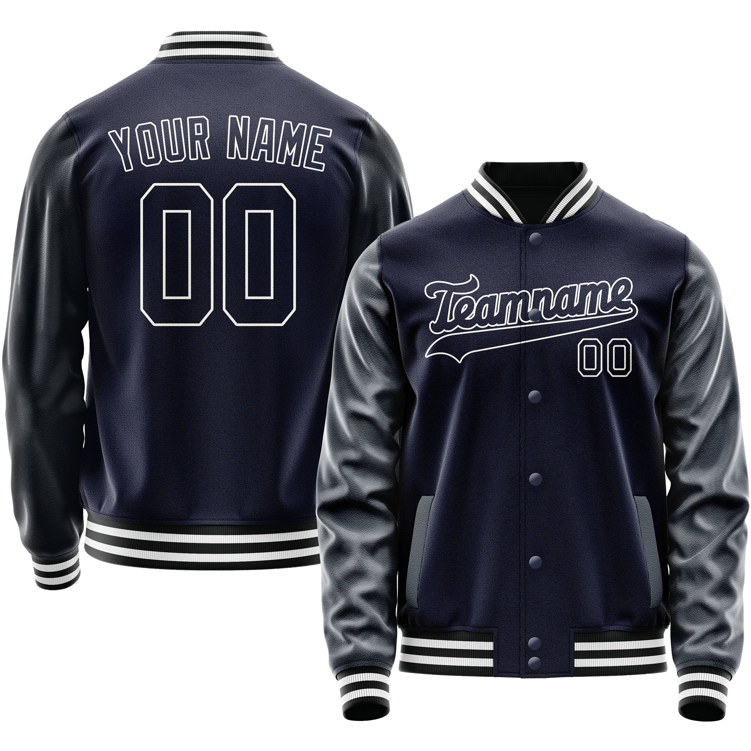 Custom Navy White Solid Color Varsity Letterman Jacket JA02240617KZ283