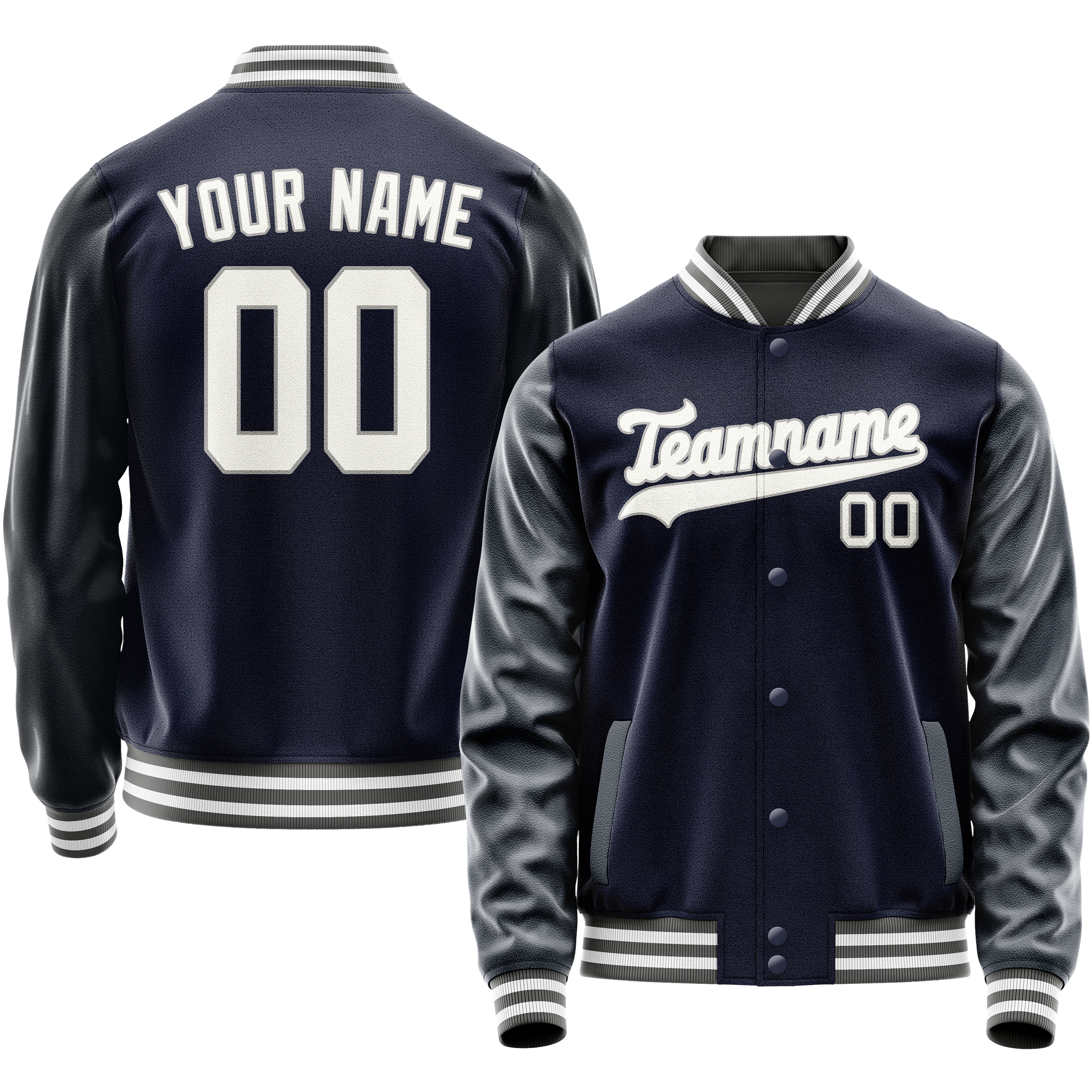Custom Navy White Solid Color Varsity Letterman Jacket JA02240617KZ271