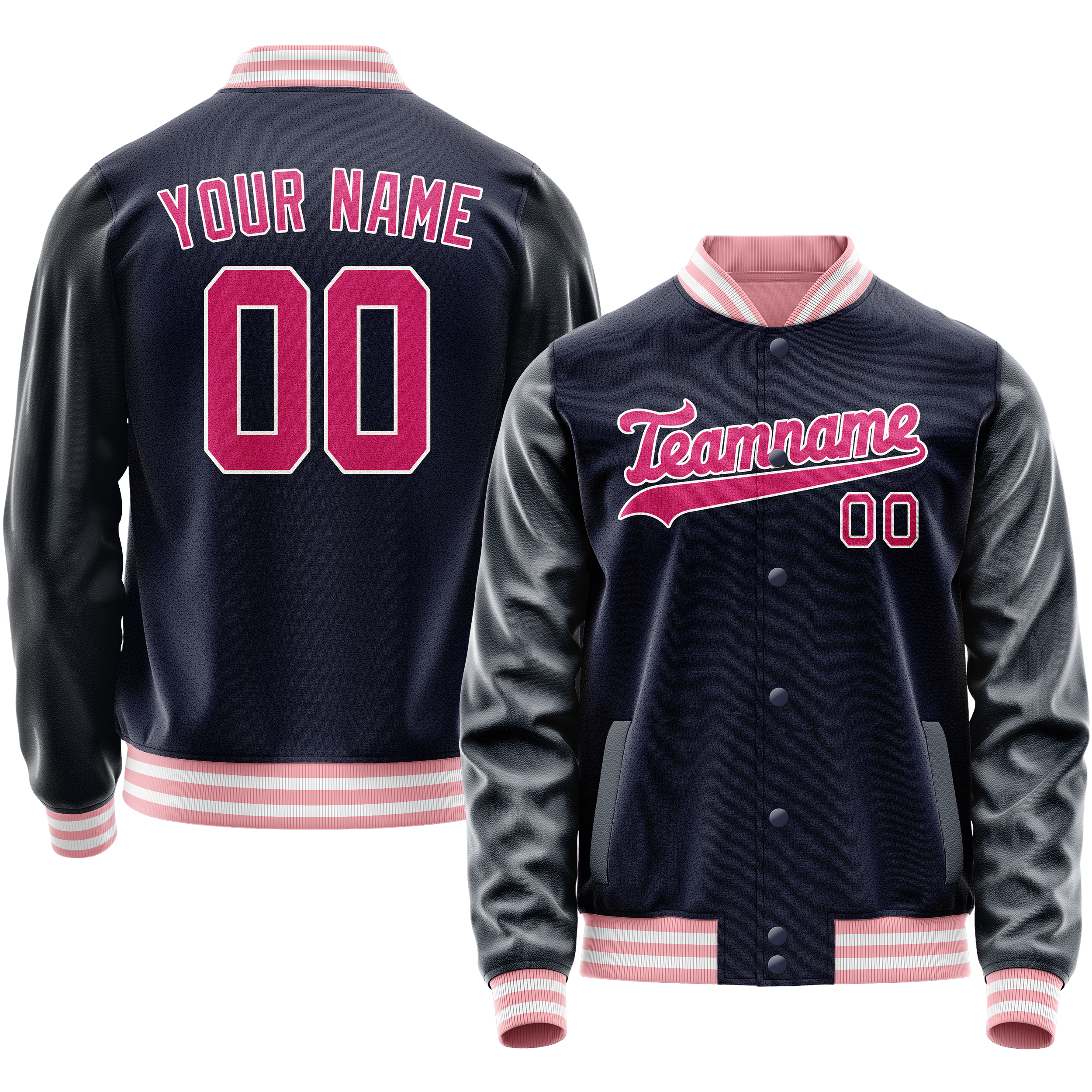 Custom Navy Pink Solid Color Varsity Letterman Jacket JA02240617KZ281