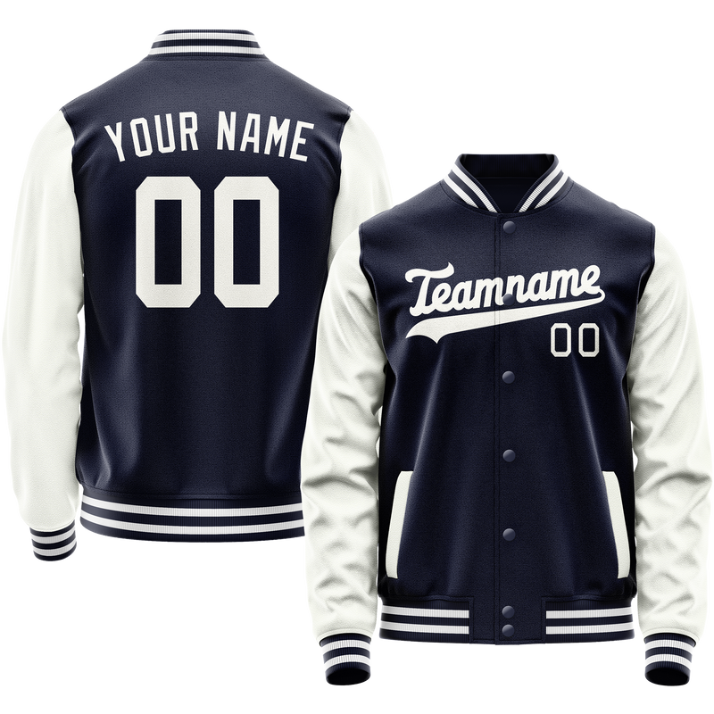 Custom Navy White Solid Color Varsity Letterman Jacket JA02240617KZ266