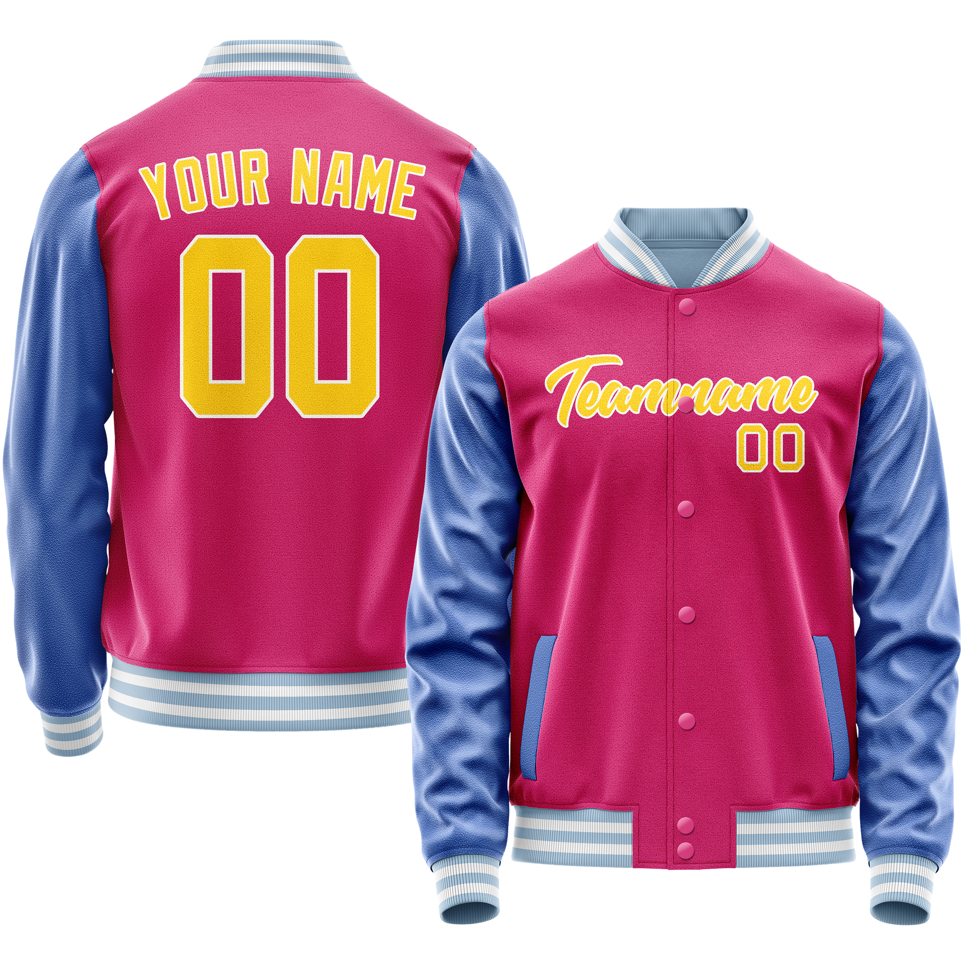 Custom Pink Light-Blue Solid Color Varsity Letterman Jacket JA02240617SH302