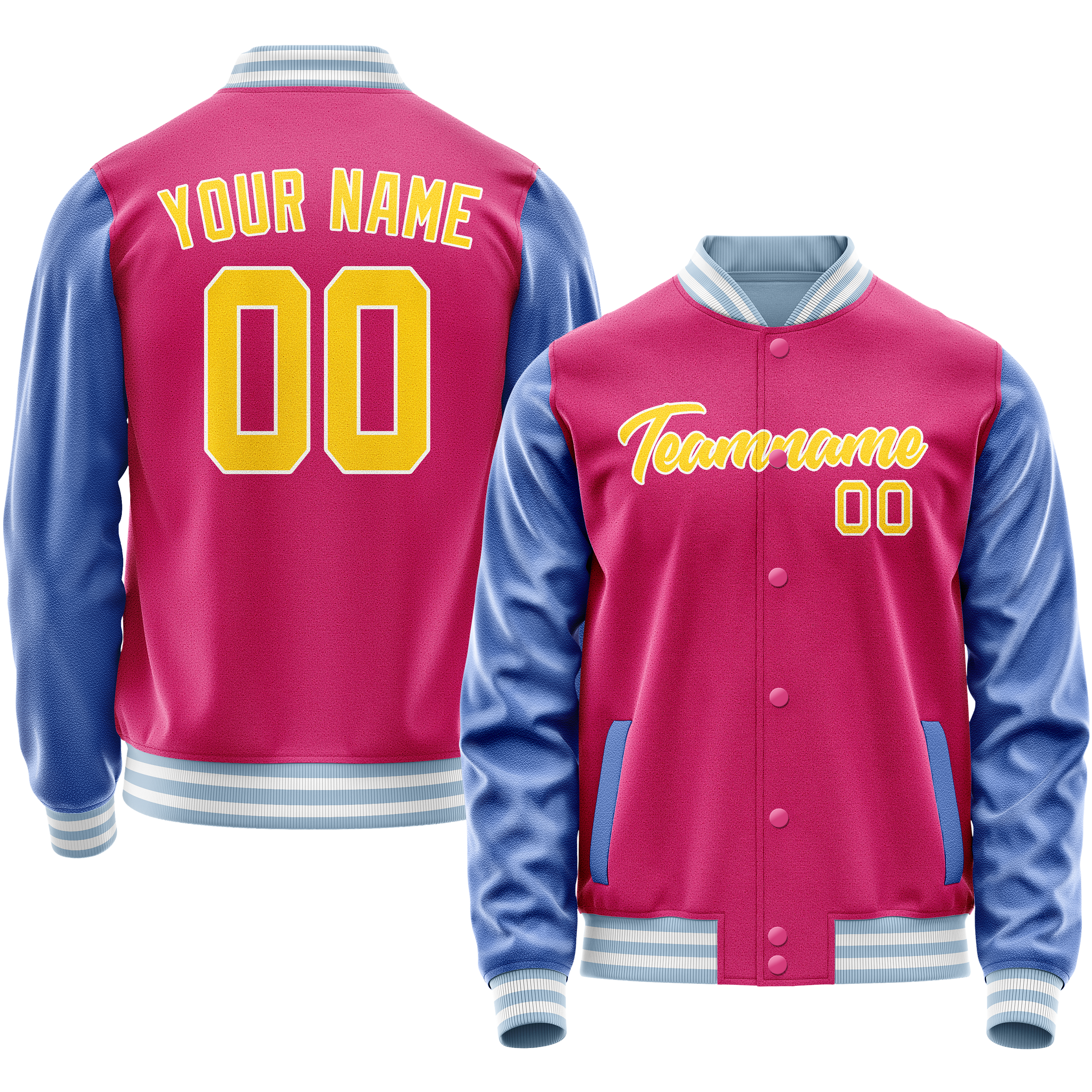 Custom Pink Light-Blue Solid Color Varsity Letterman Jacket JA02240617SH302